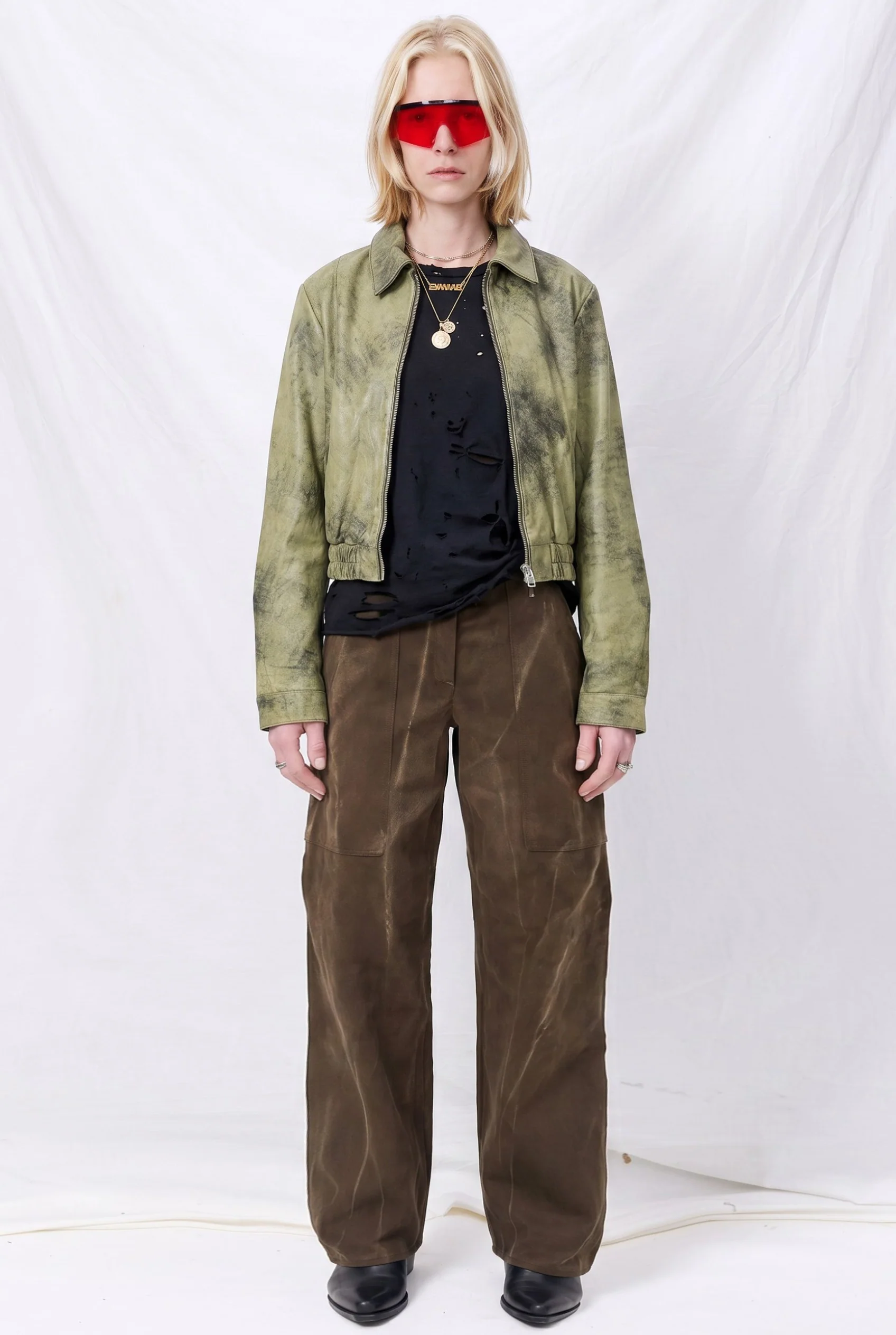 Antique Olive Leather Shrunken Zip Jacket