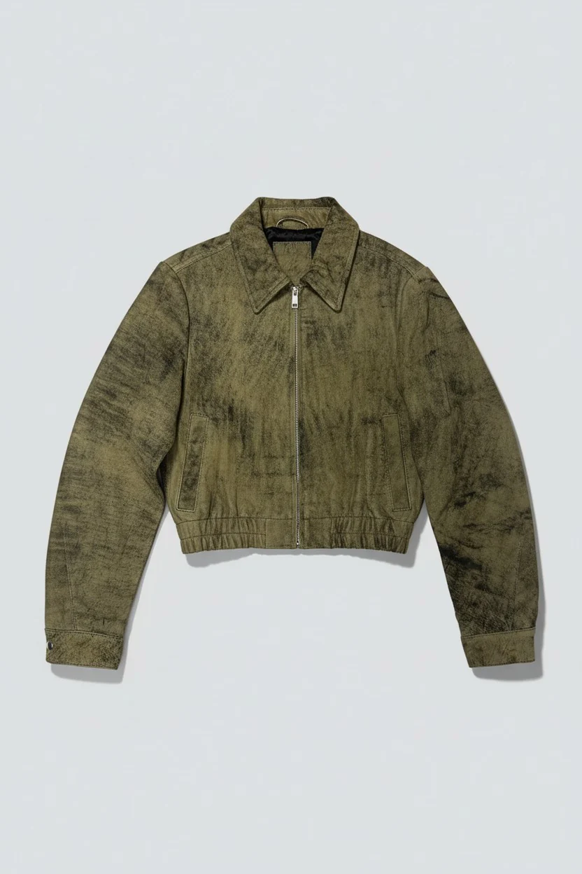 Antique Olive Leather Shrunken Zip Jacket - Image 2