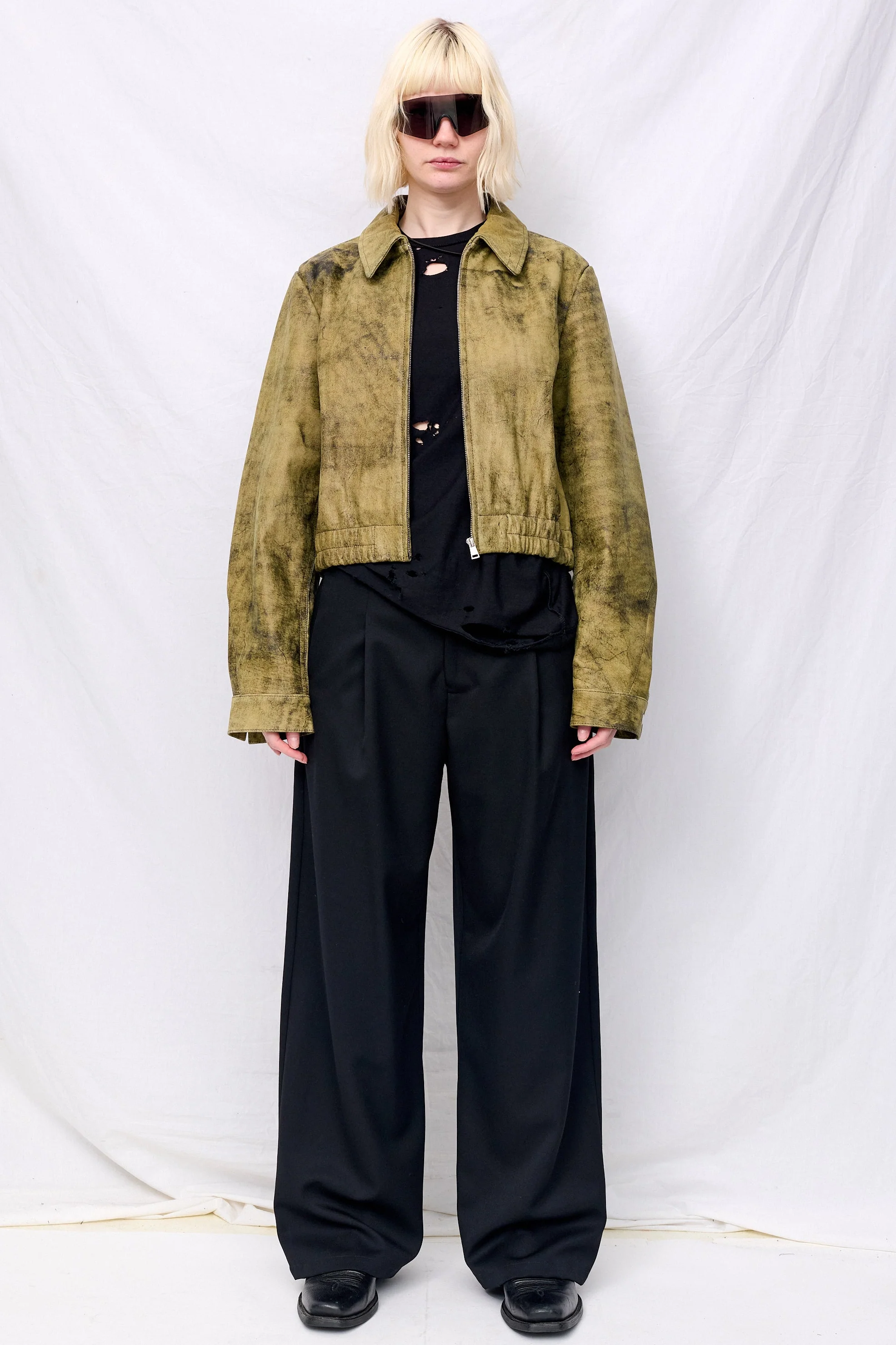 Antique Olive Leather Shrunken Zip Jacket - Image 4