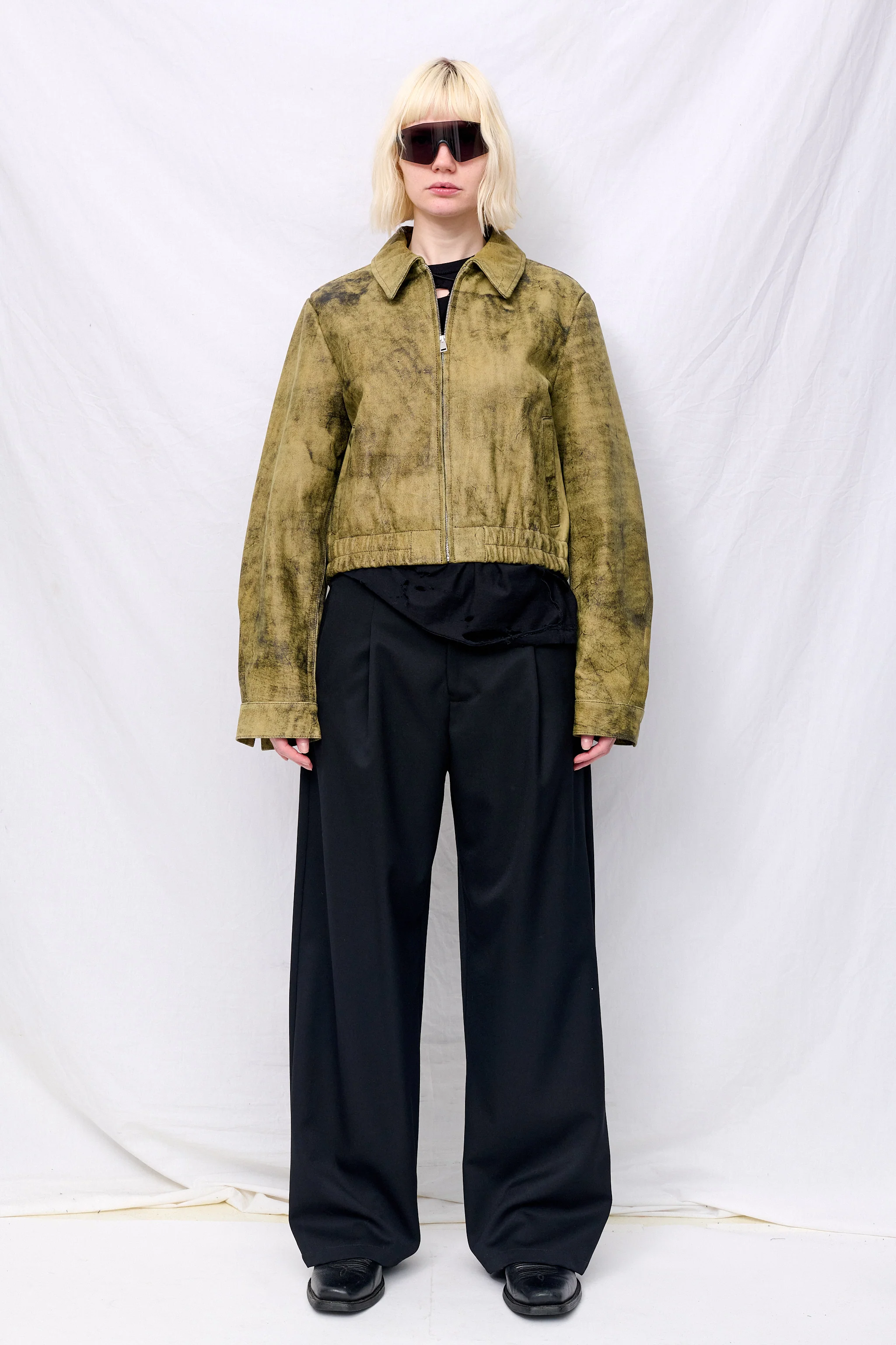 Antique Olive Leather Shrunken Zip Jacket - Image 5