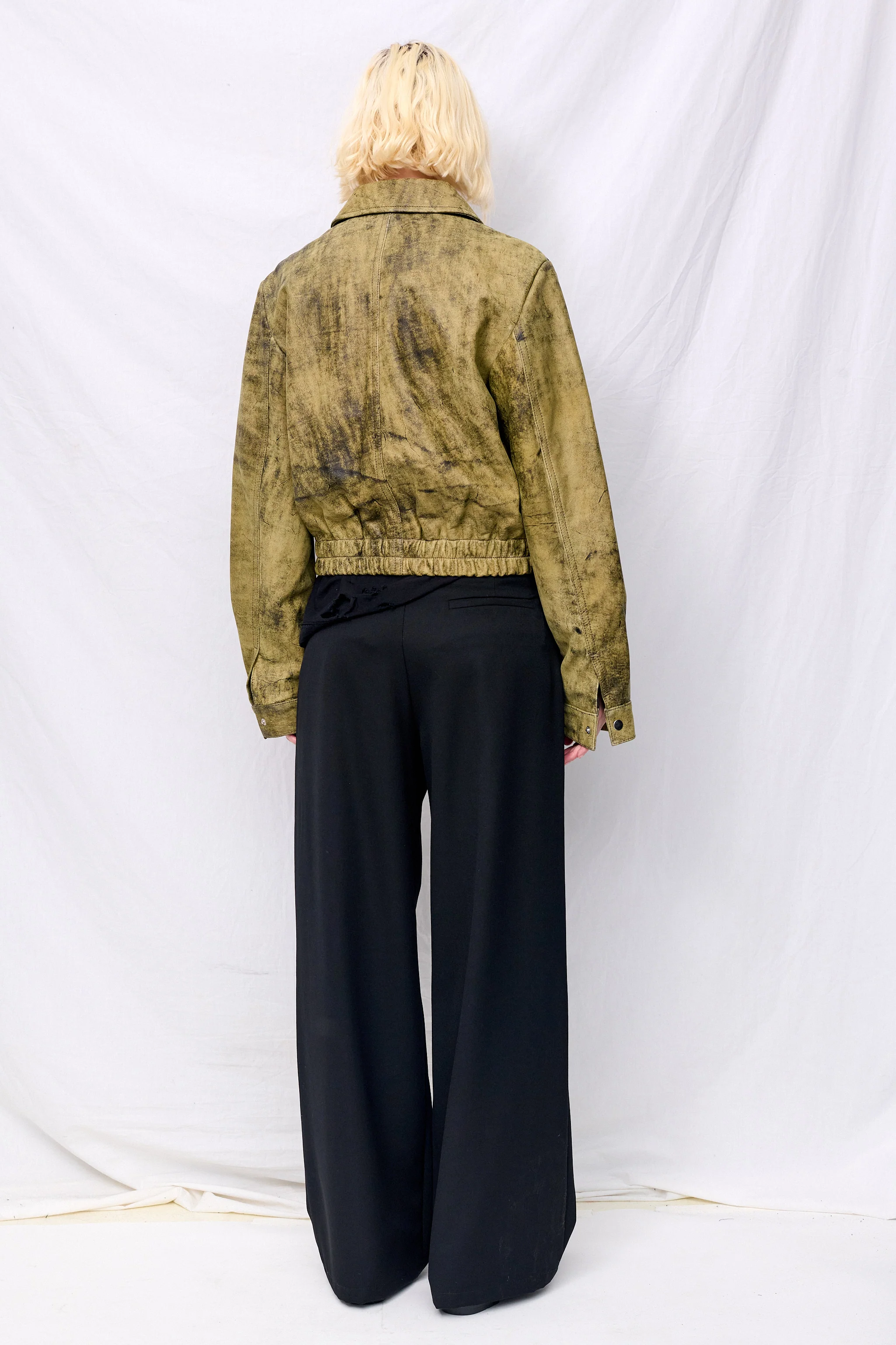 Antique Olive Leather Shrunken Zip Jacket - Image 7