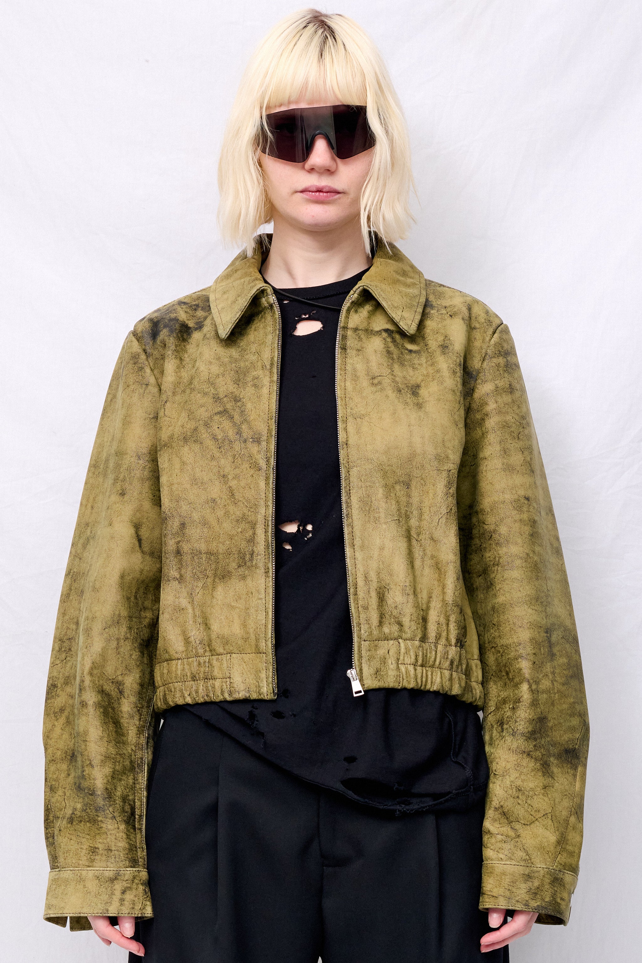 Antique Olive Leather Shrunken Zip Jacket - Image 8
