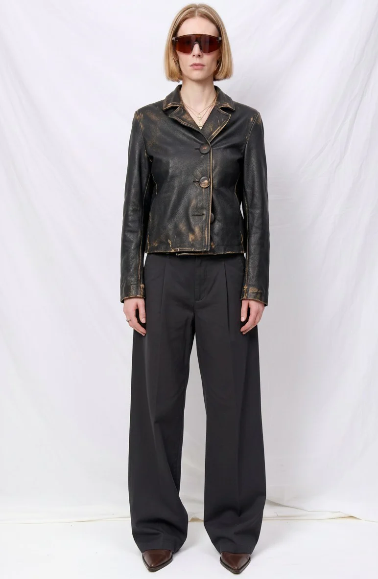 Black Buttoned Leather Jacket - Image 2