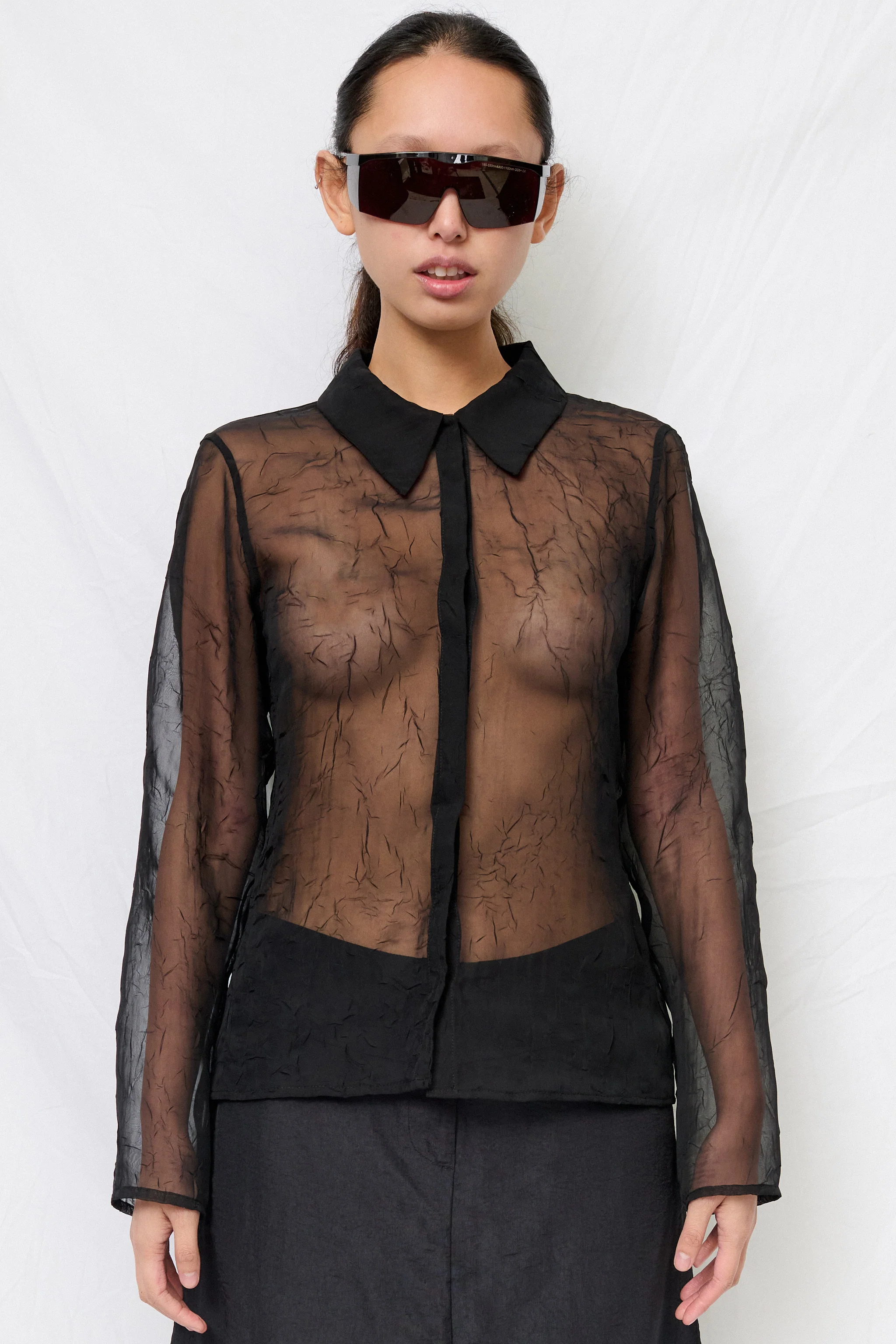 Black Crinkle Chiffon Fitted Button Up