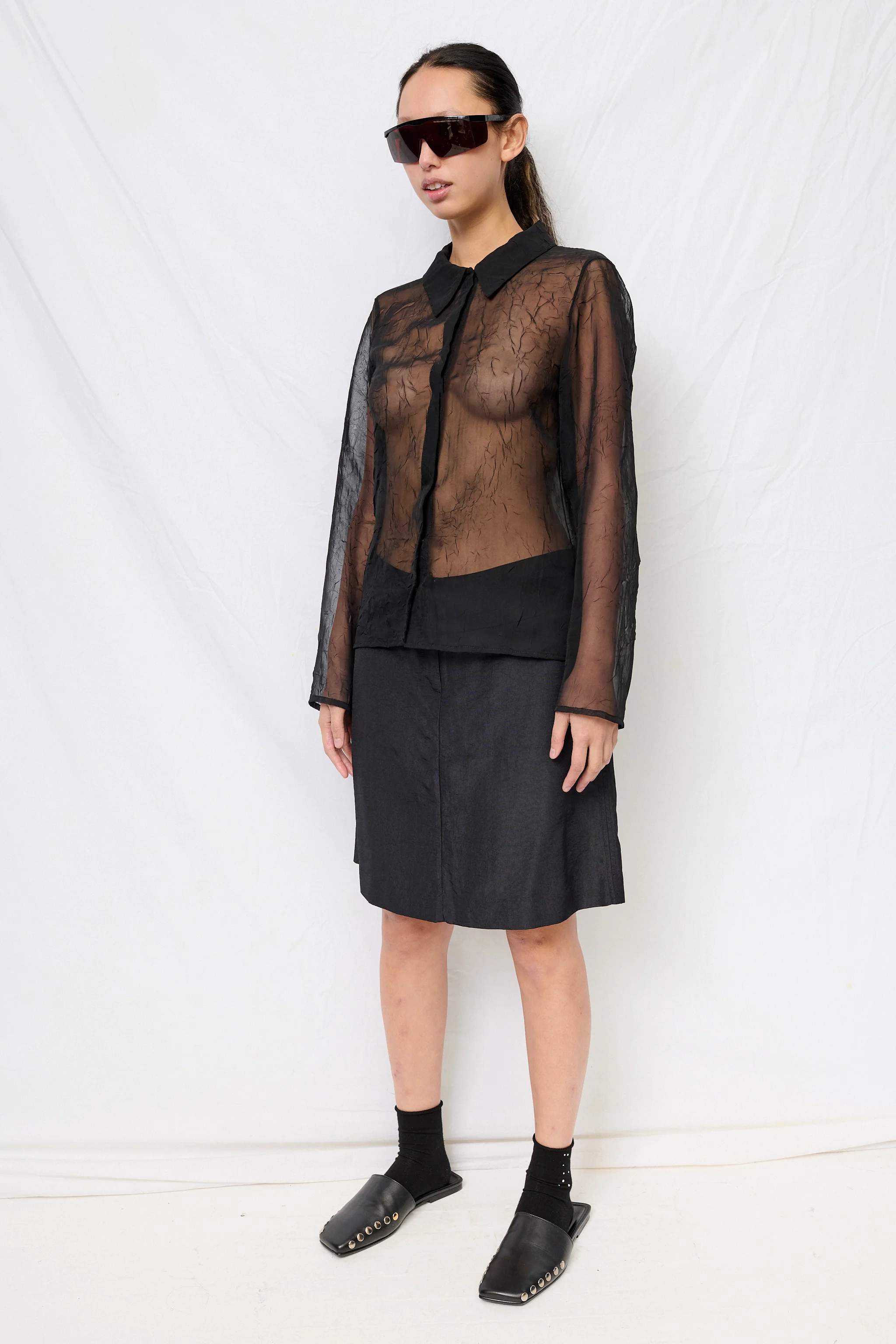 Black Crinkle Chiffon Fitted Button Up - Image 3