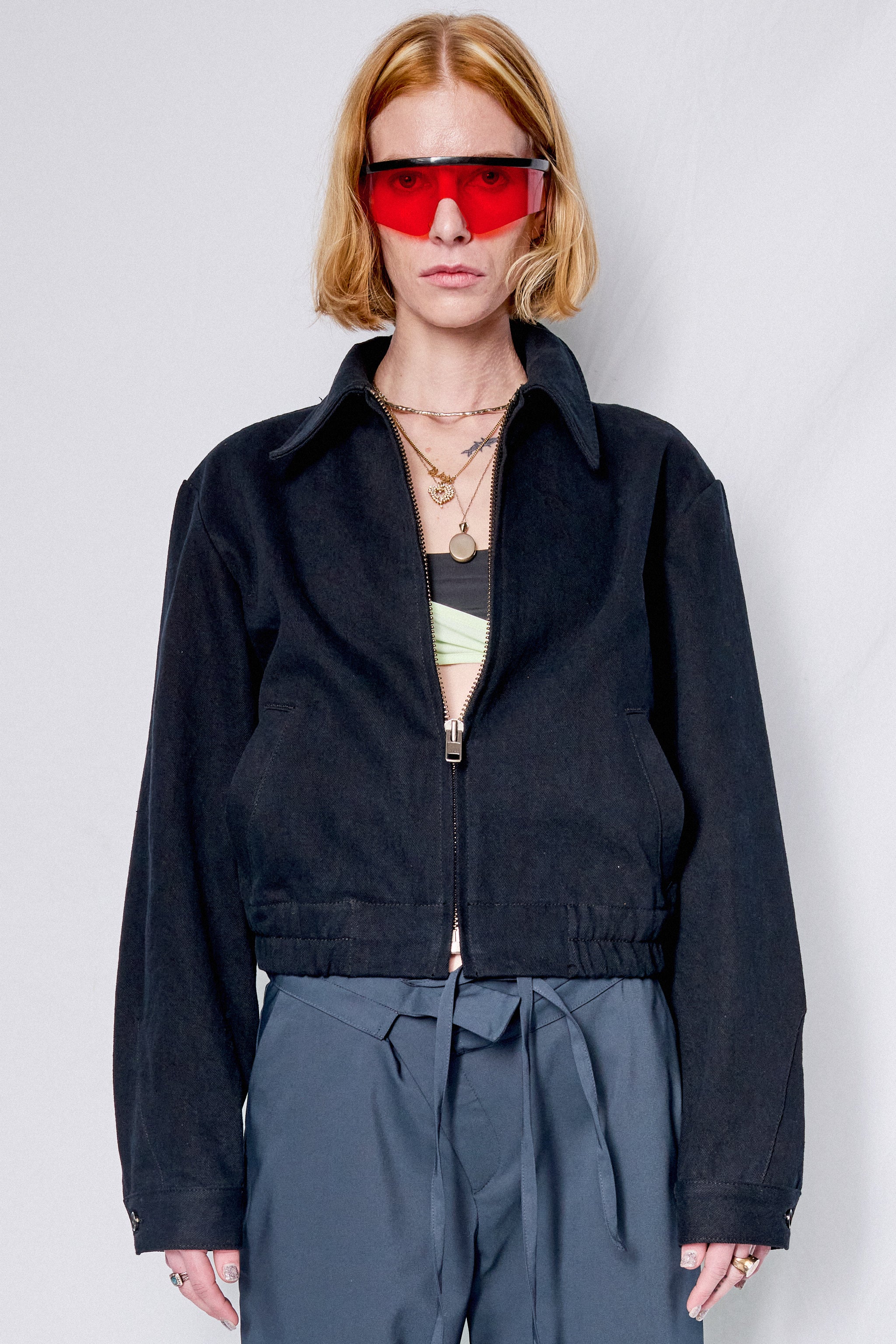 Black Denim Crop Zip Jacket - Image 3
