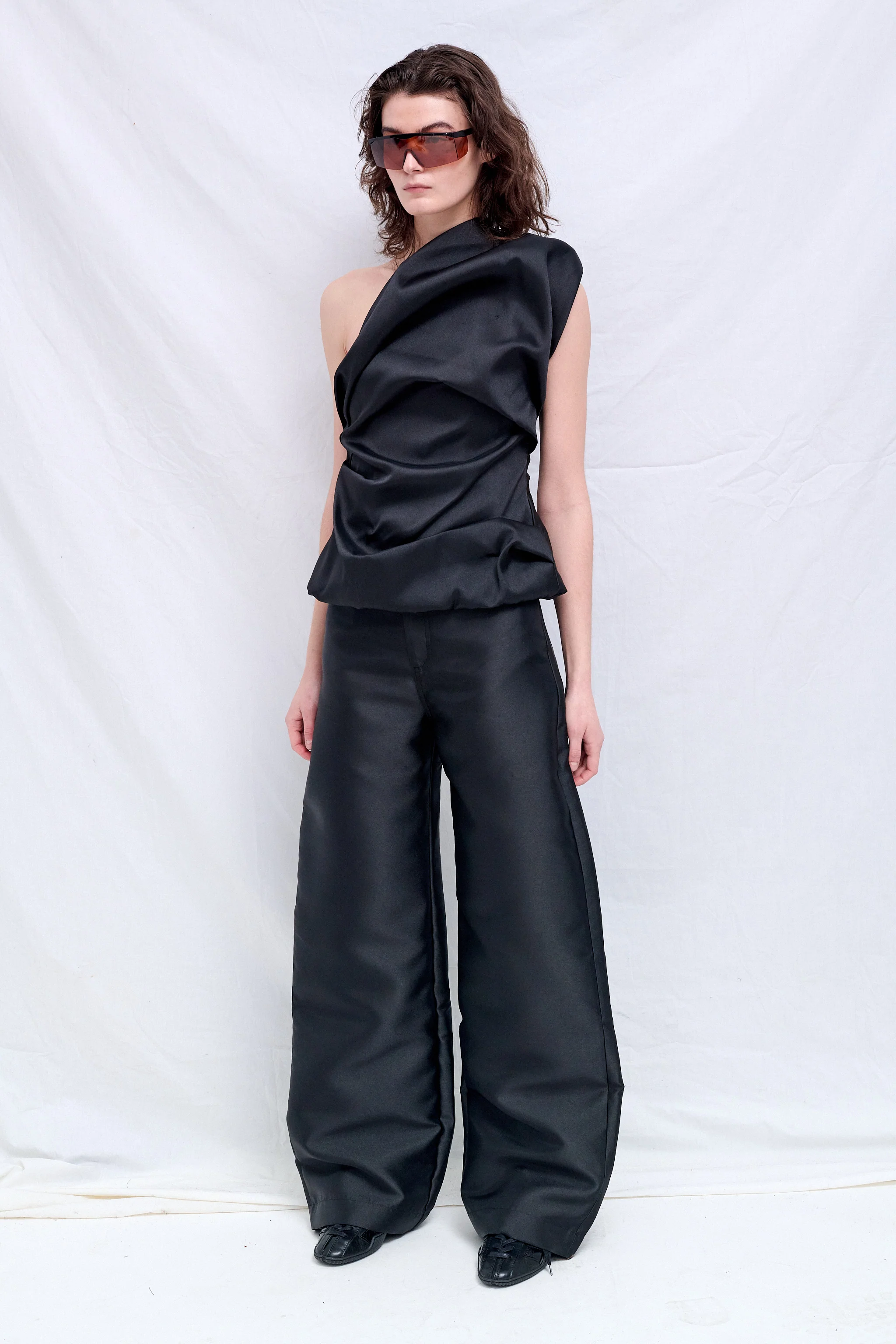 Black Heavy Satin Boyfriend Style Trousers