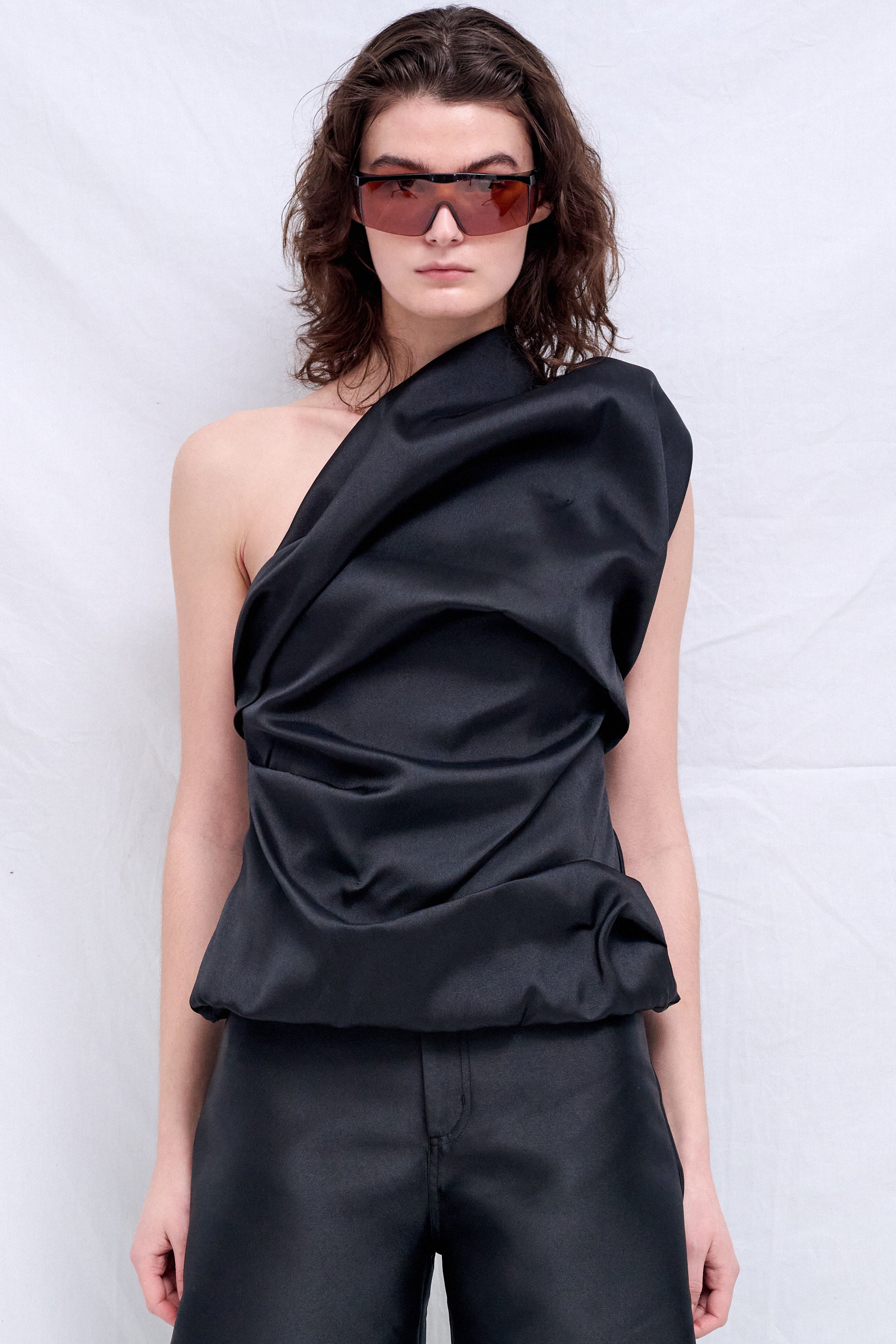 Black Heavy Satin Draped Top With Asymmetric Neckline