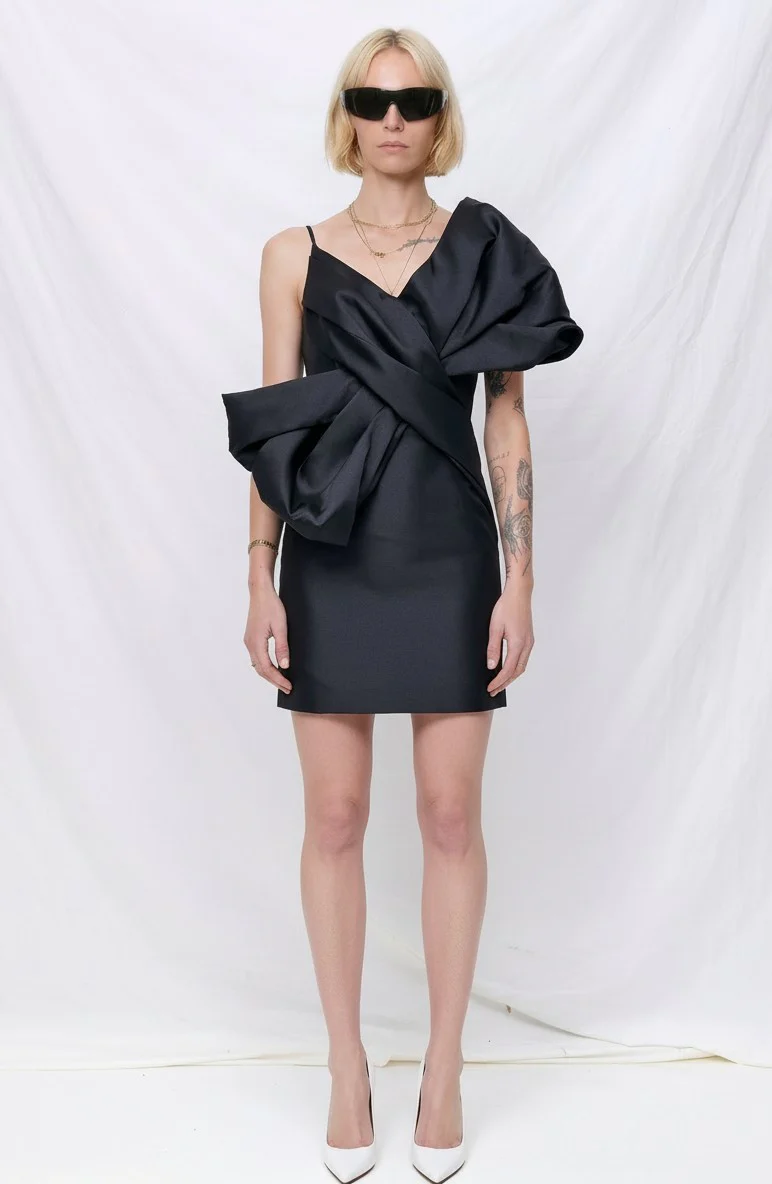 Black Heavy Satin Mini Bow Dress