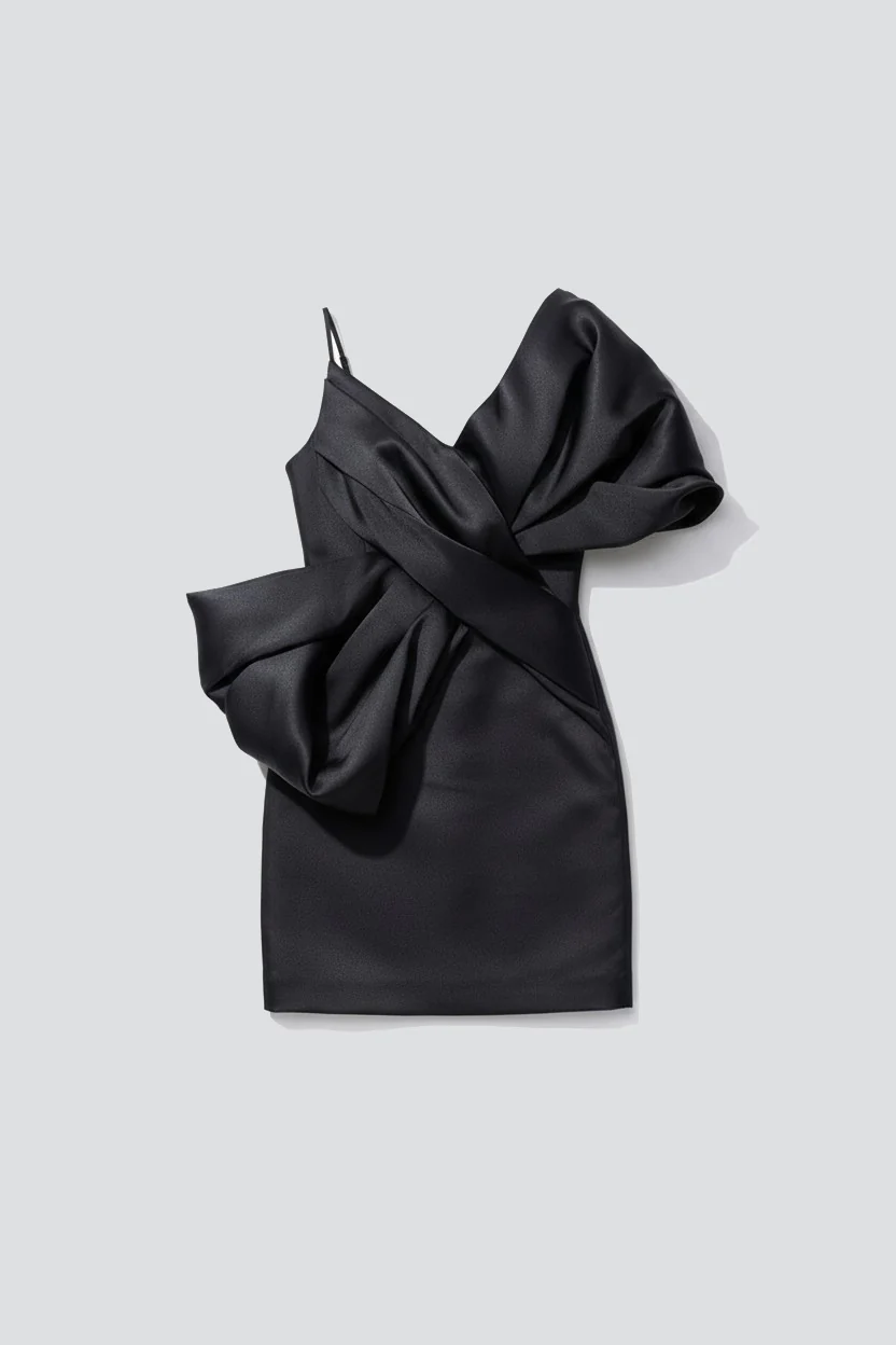 Black Heavy Satin Mini Bow Dress - Image 2