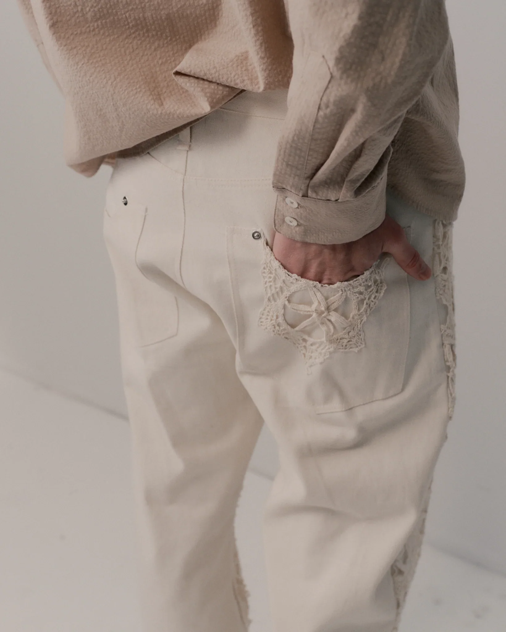 Ecru Lace Denim Jeans - Image 7