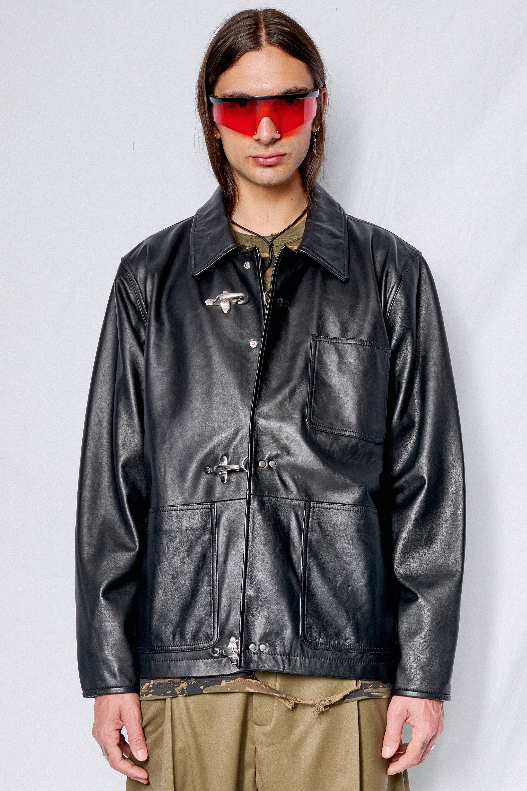 Black Leather Fireman Field Coat - Image 5