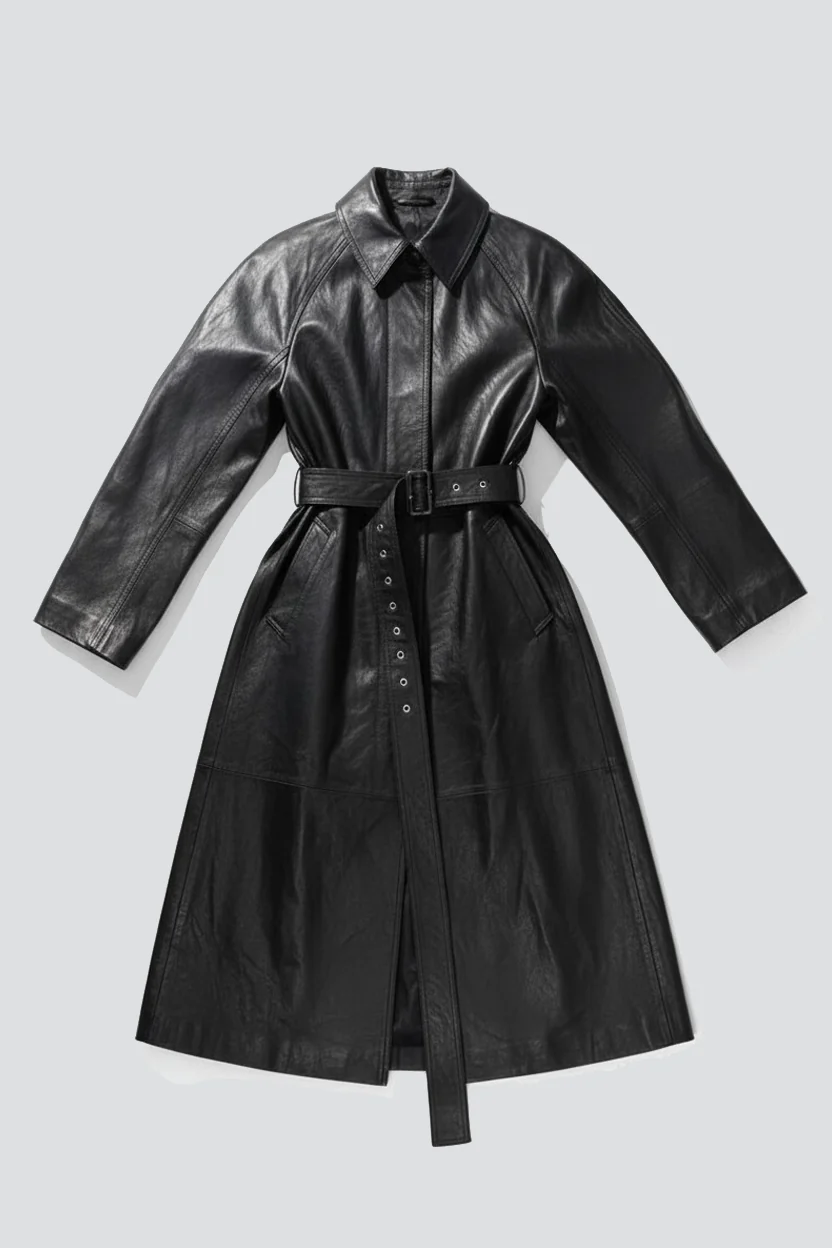Black Wave Leather Long Coat - Image 2