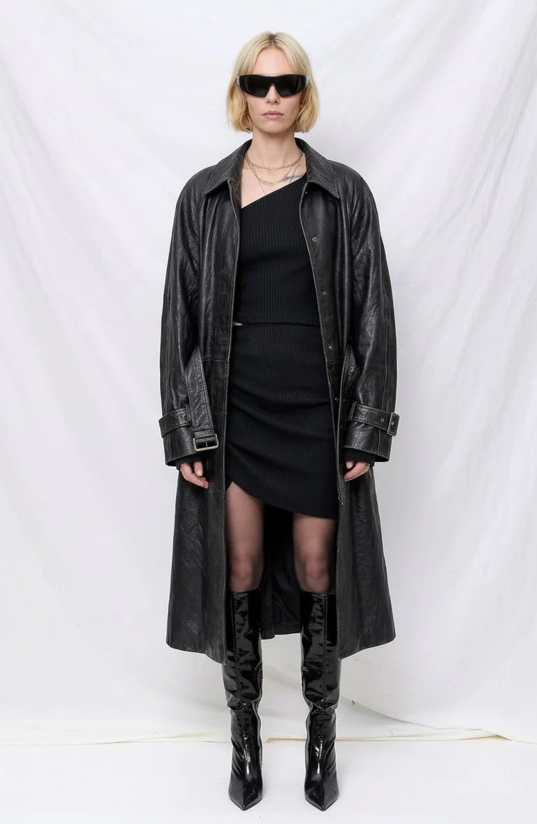 Black Wave Leather Long Coat - Image 3