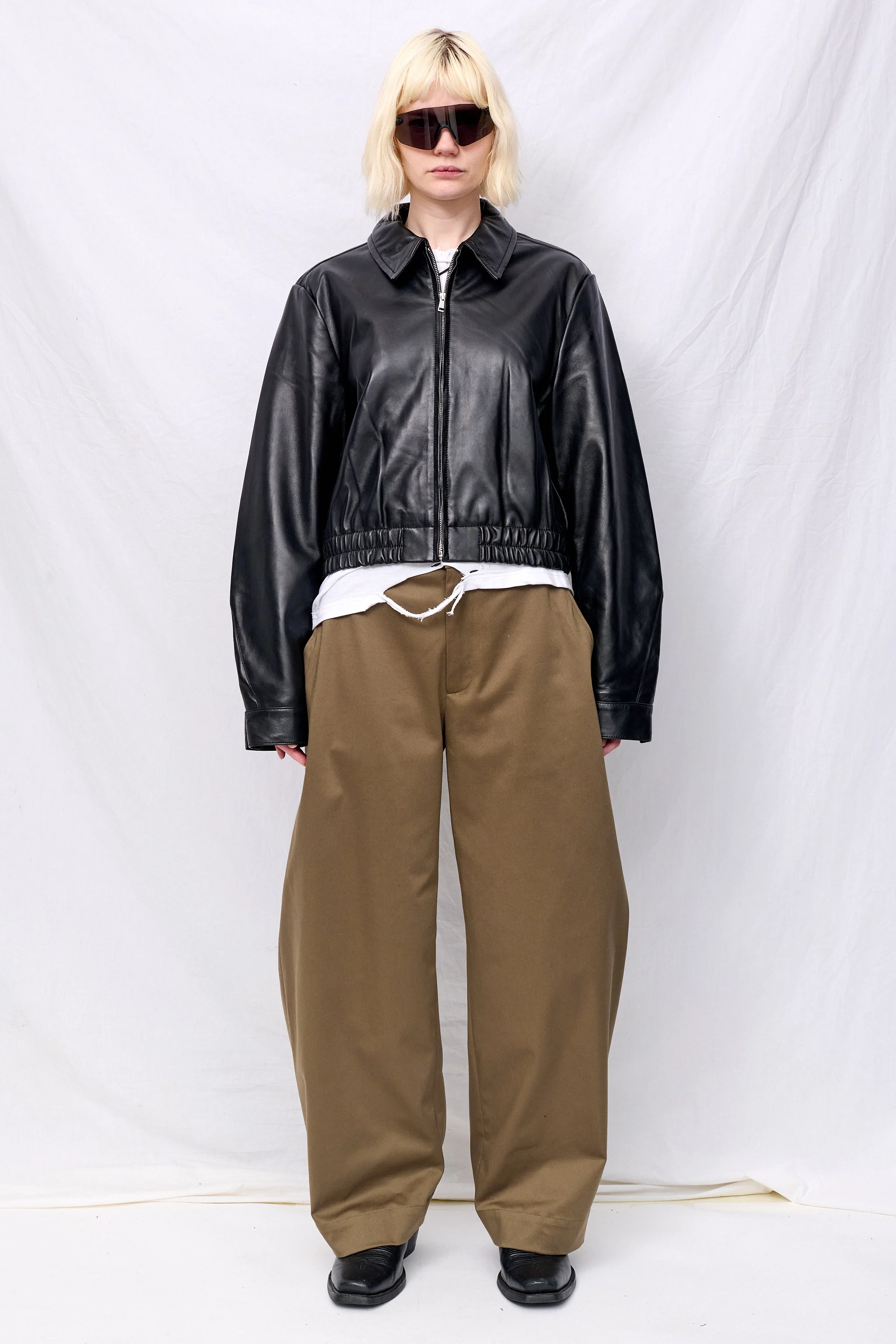 Black Leather Shrunken Zip Jacket