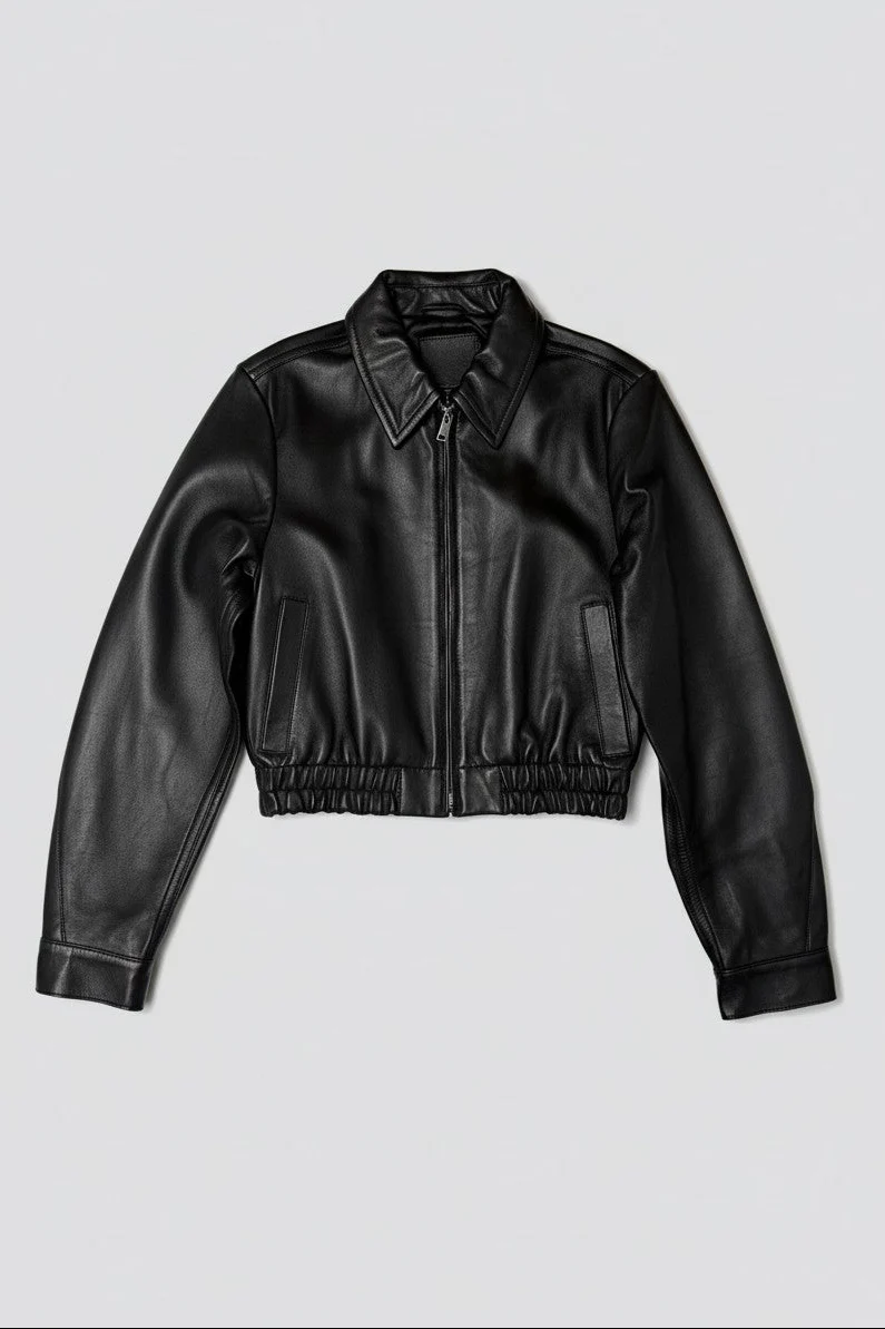 Black Leather Shrunken Zip Jacket - Image 2