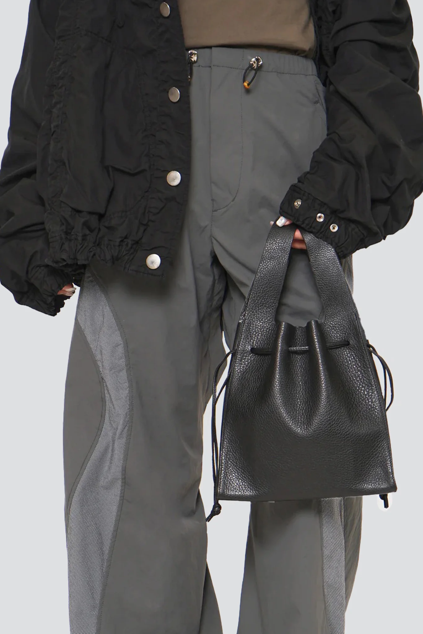 Black Leather Drawstring S Tote - Image 4