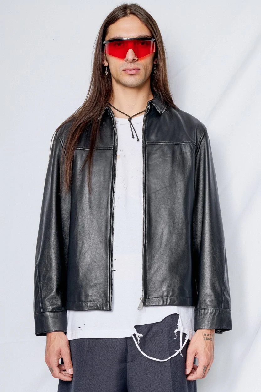 Black Leather Zip Jacket - Image 2