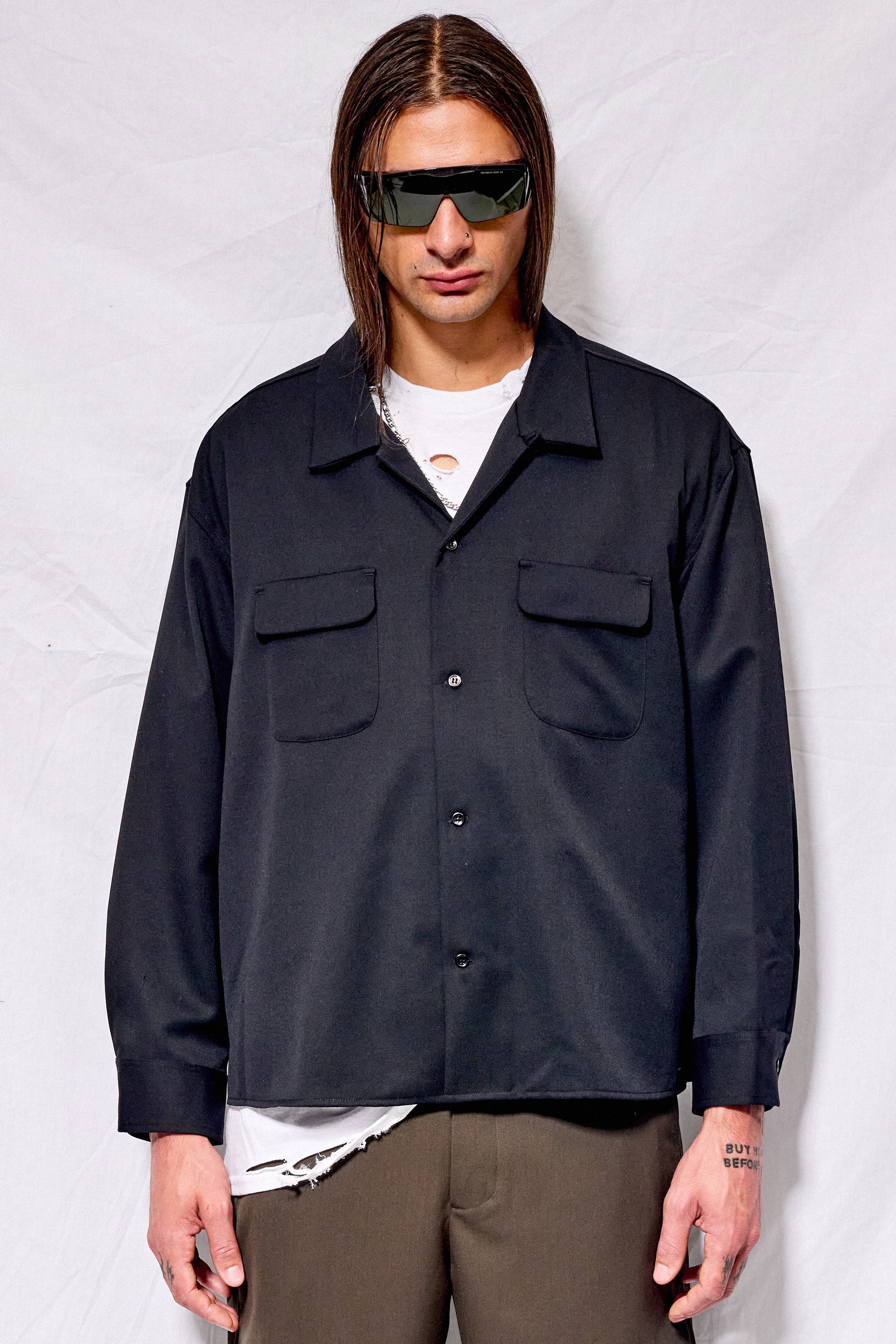 Black Suiting Crop Pocket Shirt