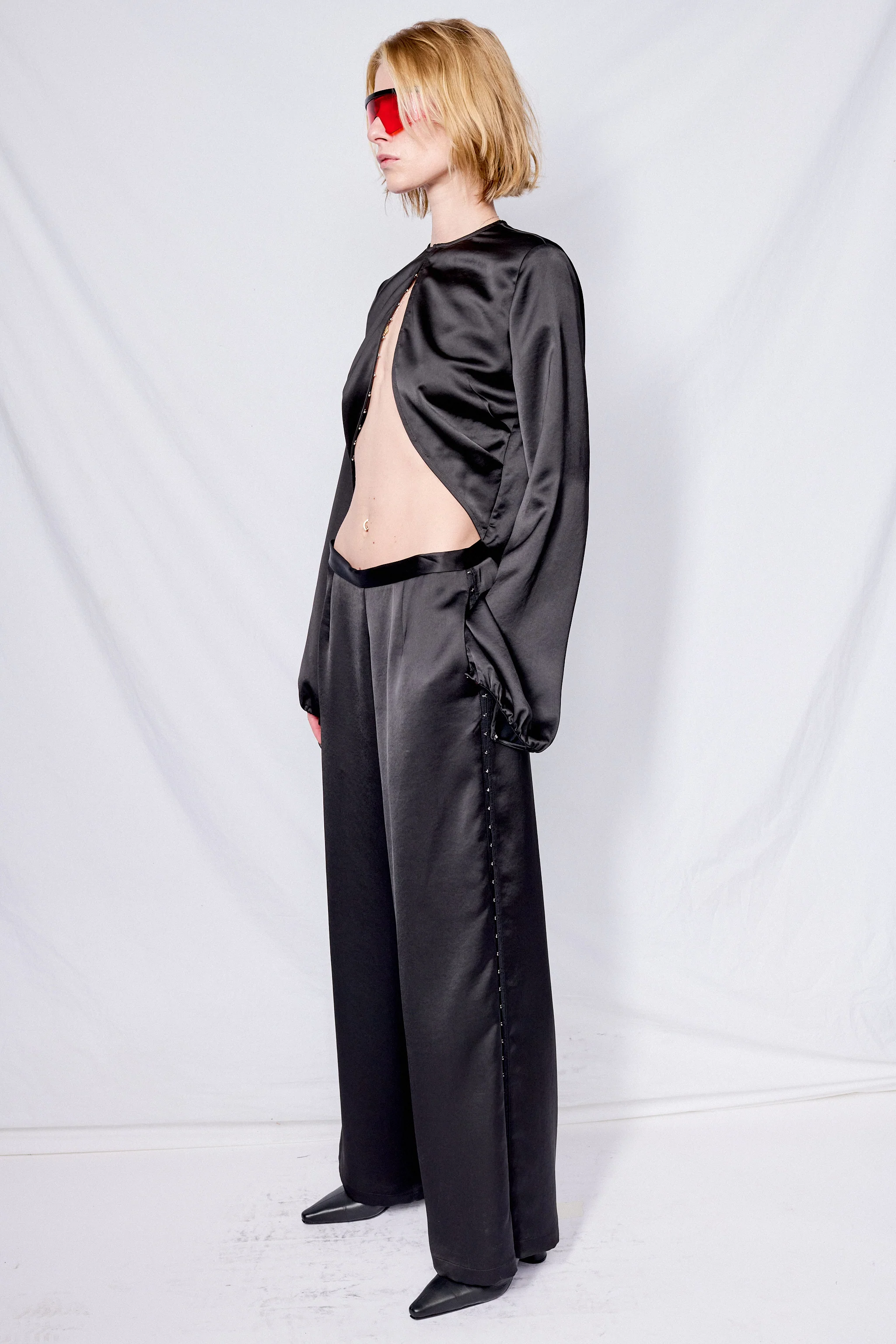 Black Satin Hook Side Clean Pant