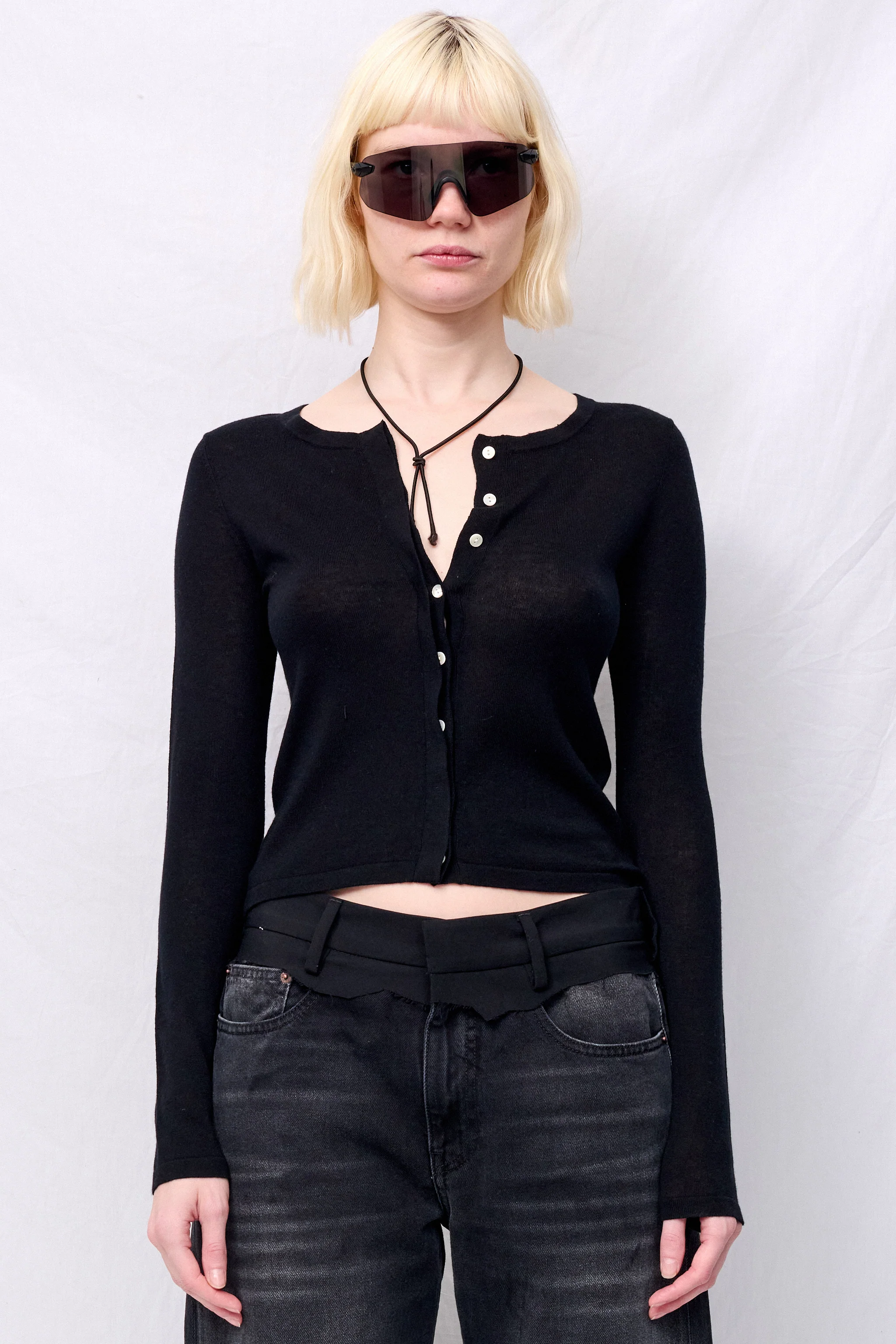 Black Silk Cashmere Hidden Buttoned Cardigan