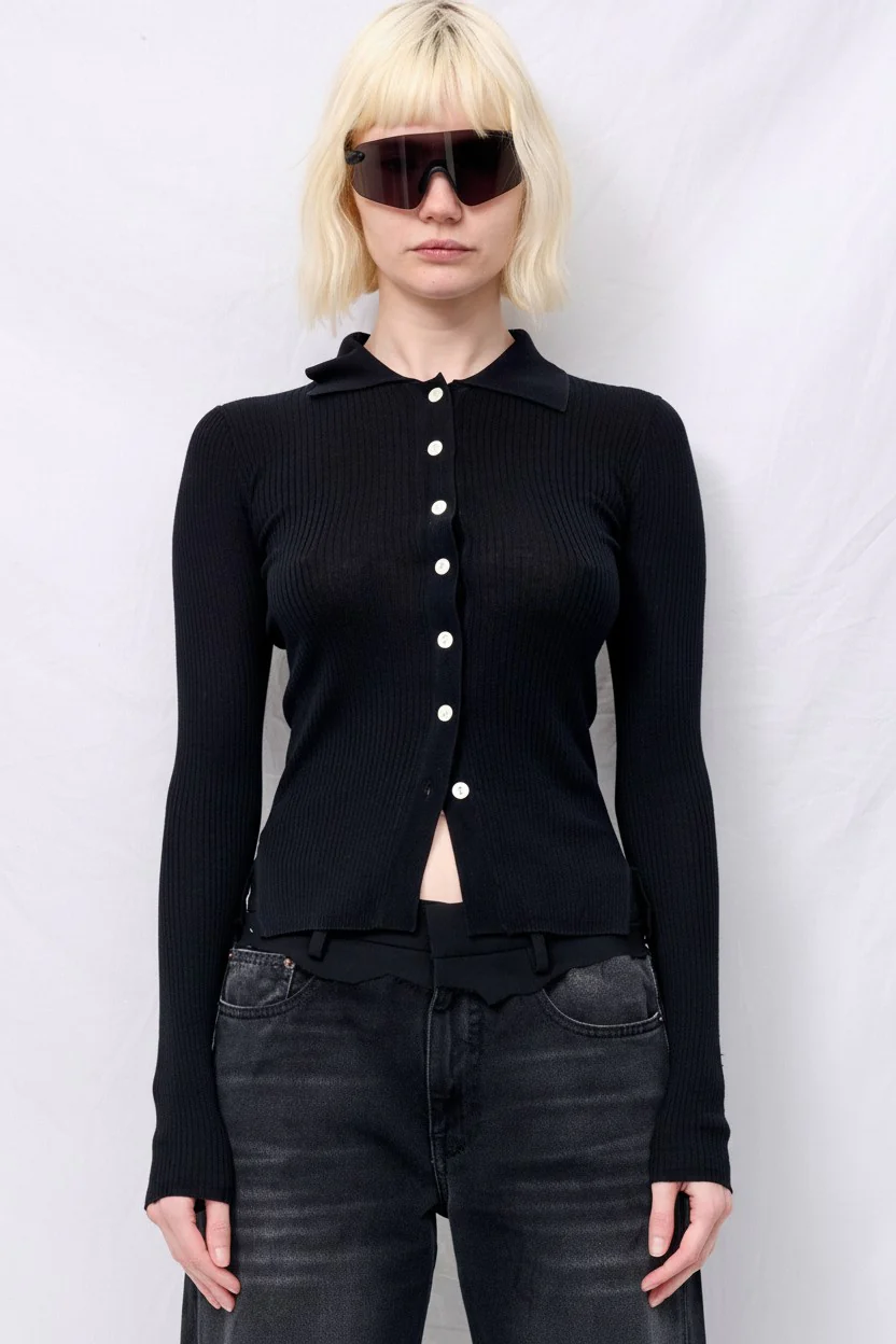 Black Silk Cashmere Ribbed Shirt Cardigan