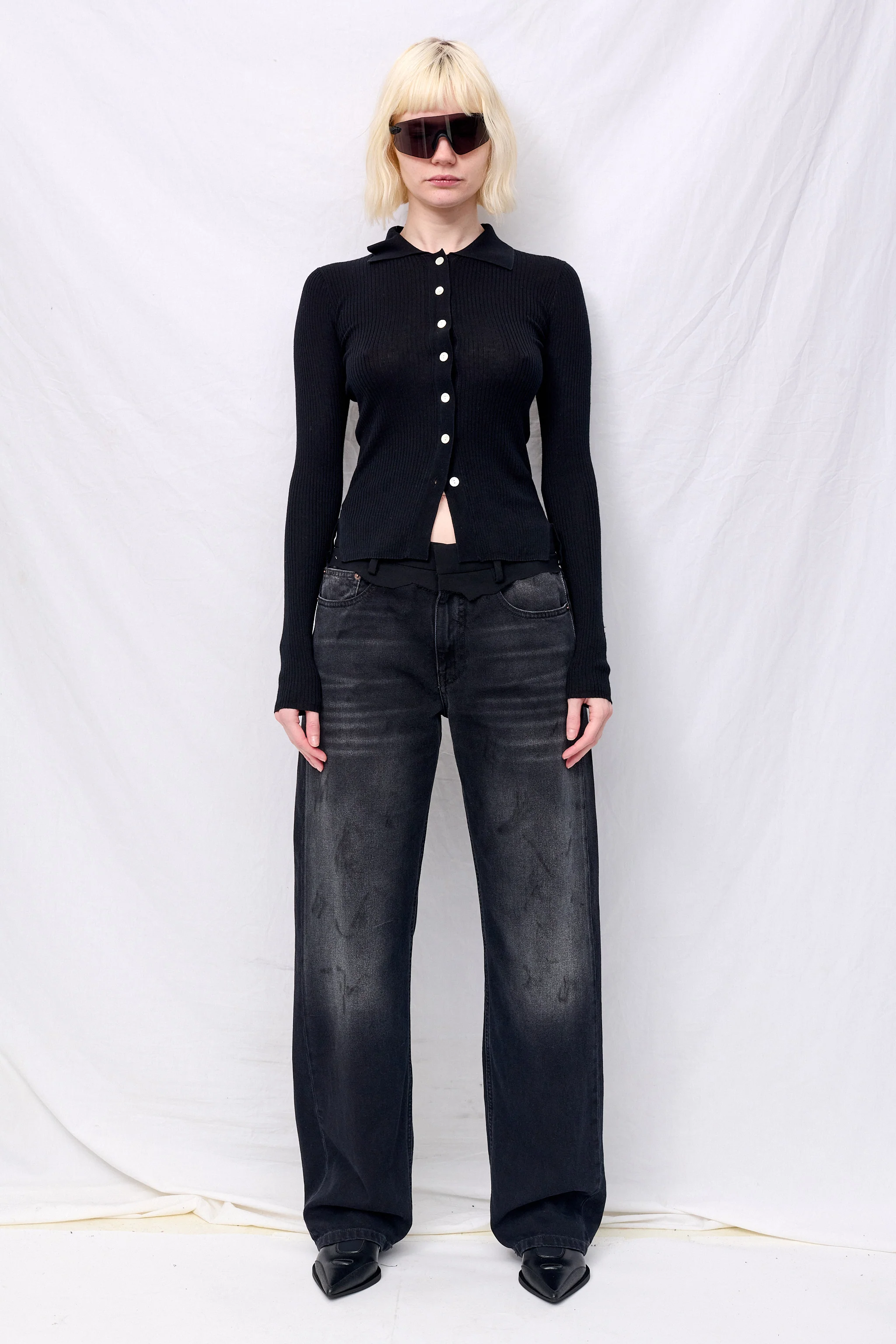 Black Silk Cashmere Ribbed Shirt Cardigan - Image 3