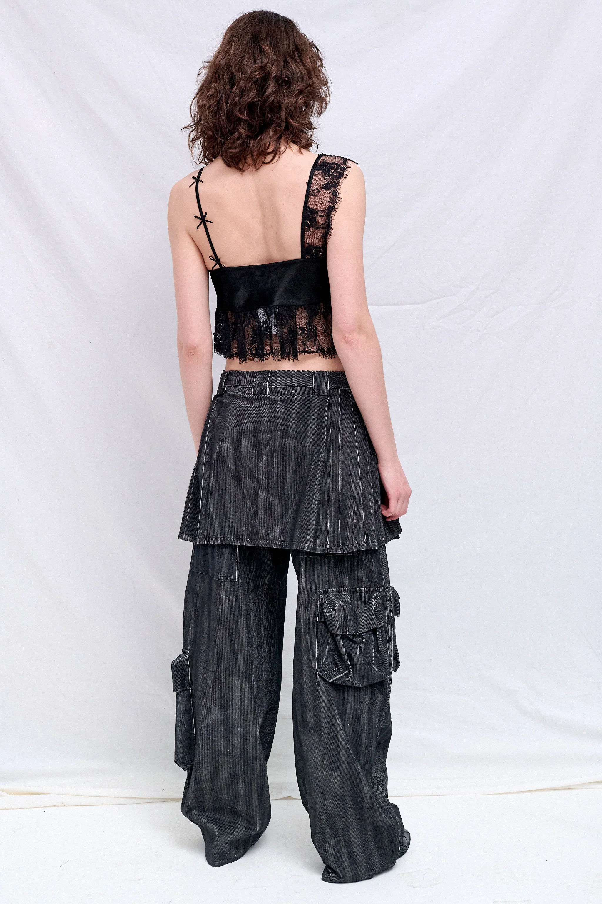 Black Wavy Flower Stripe Corduroy Lawn Skirt Cargo Pant - Image 2