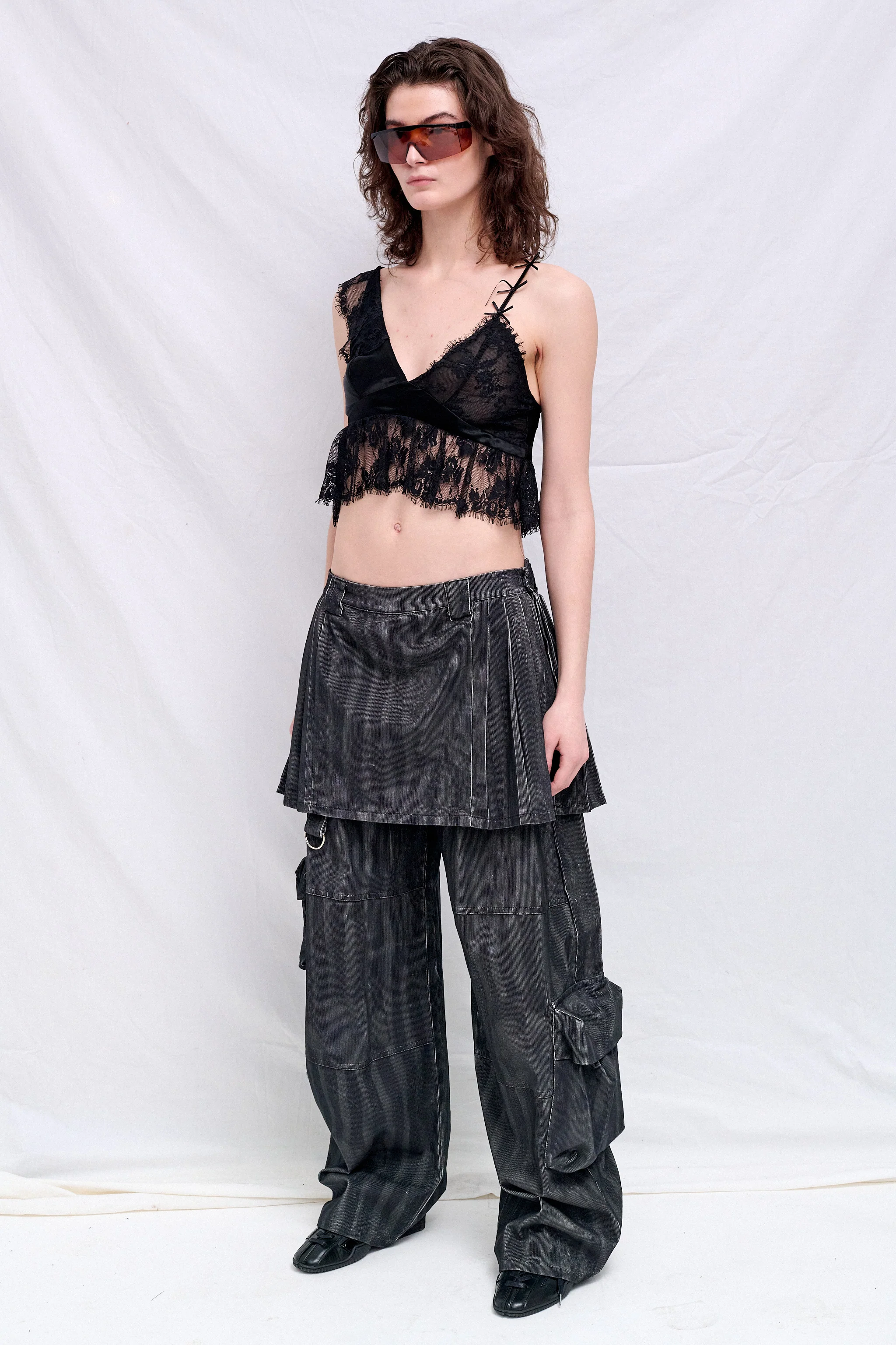 Black Wavy Flower Stripe Corduroy Lawn Skirt Cargo Pant - Image 3