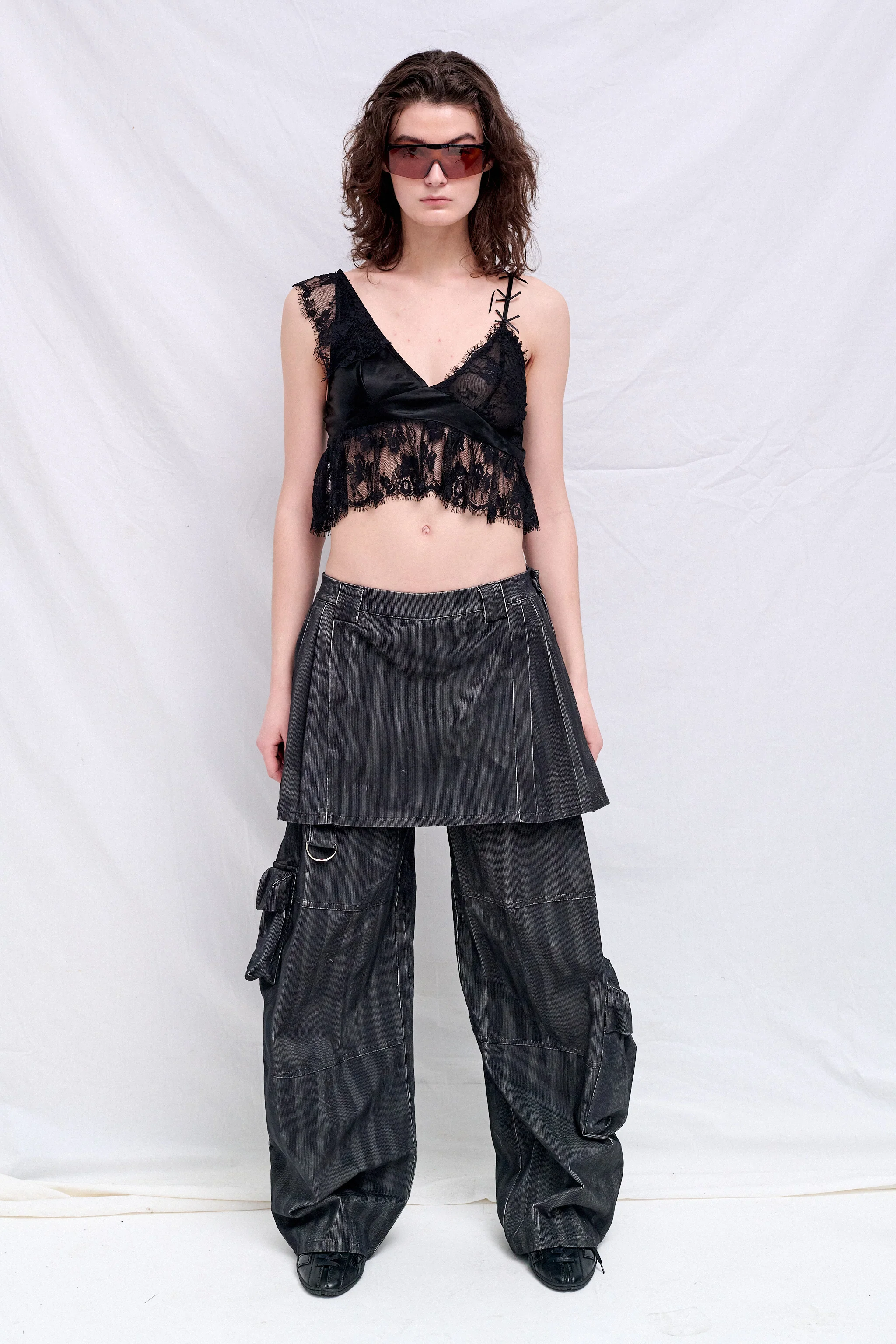 Black Wavy Flower Stripe Corduroy Lawn Skirt Cargo Pant - Image 4