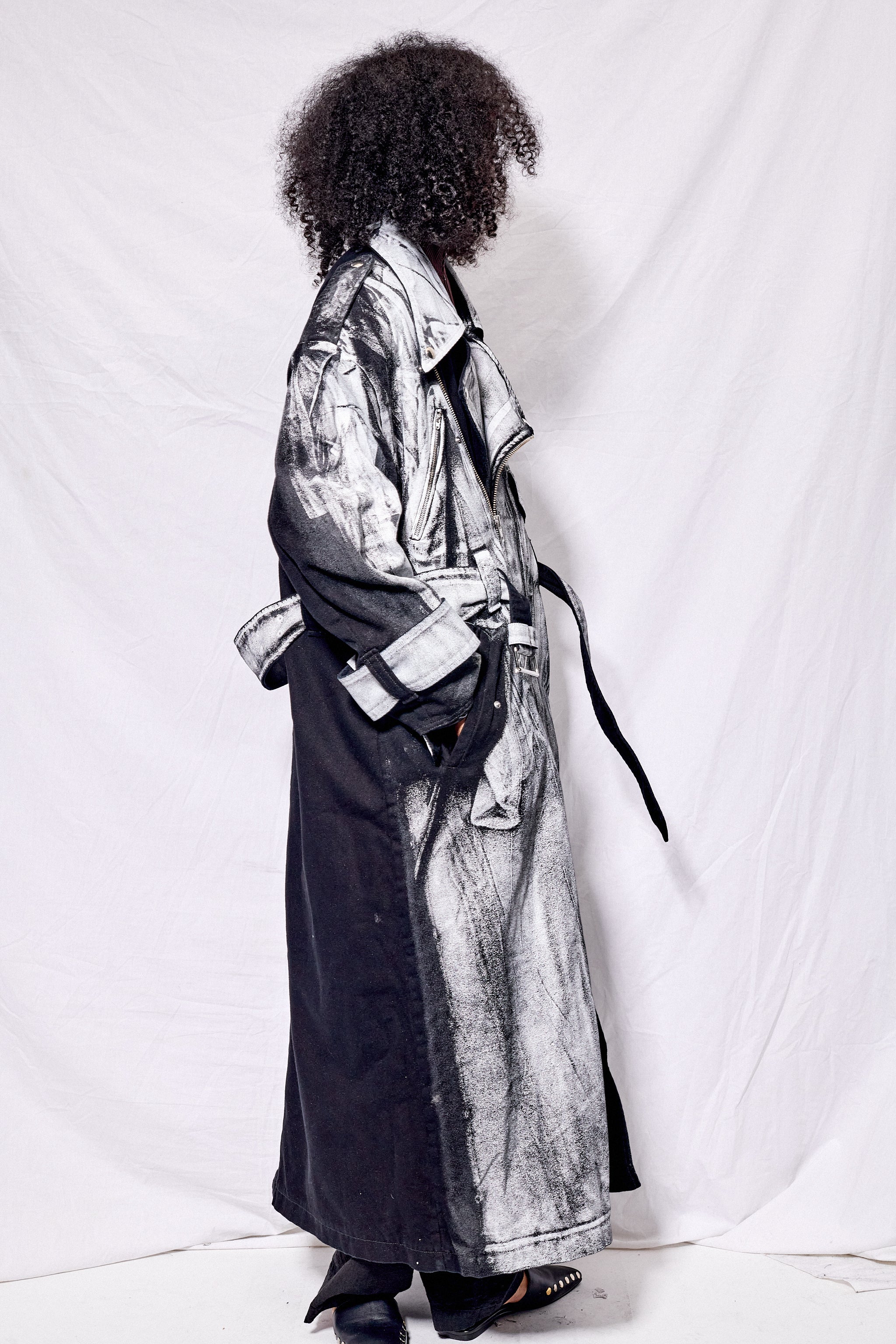 Black/White Painted Workwear Trench - Image 6