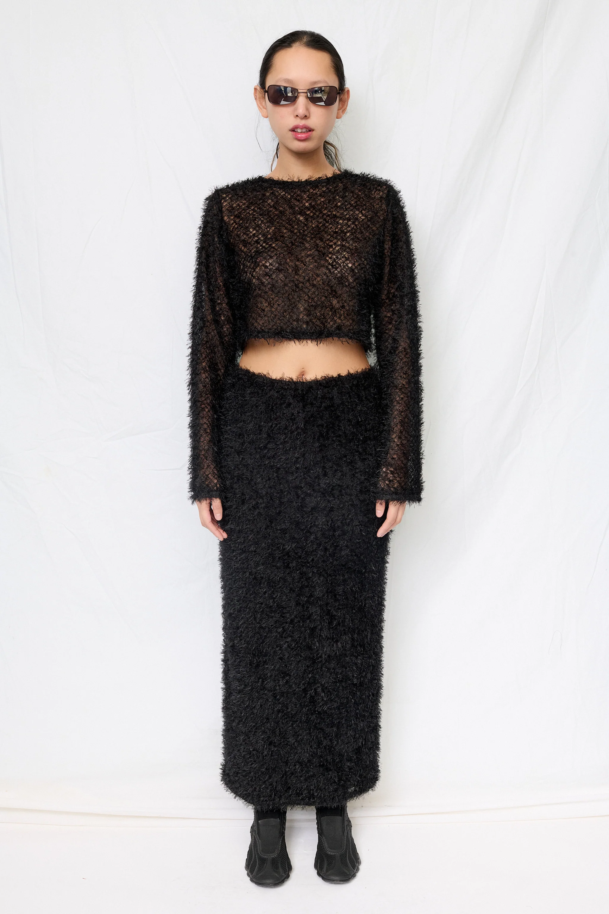 Black Feather Crop Long Sleeve Top - Image 2