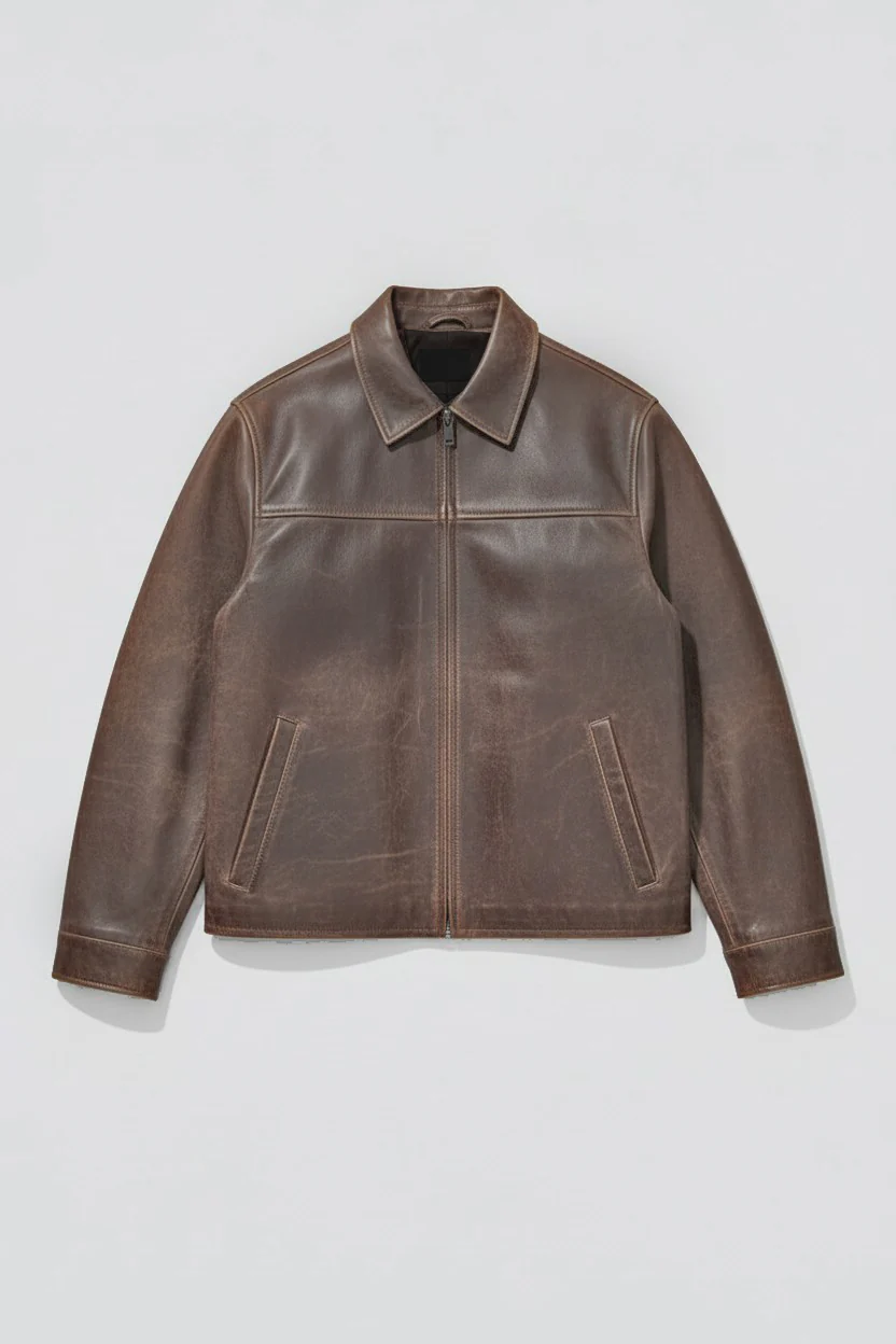 Brown Cracked Leather Zip Jacket - Image 10