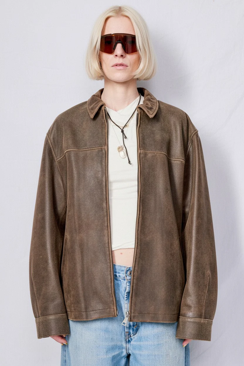 Brown Cracked Leather Zip Jacket - Image 4