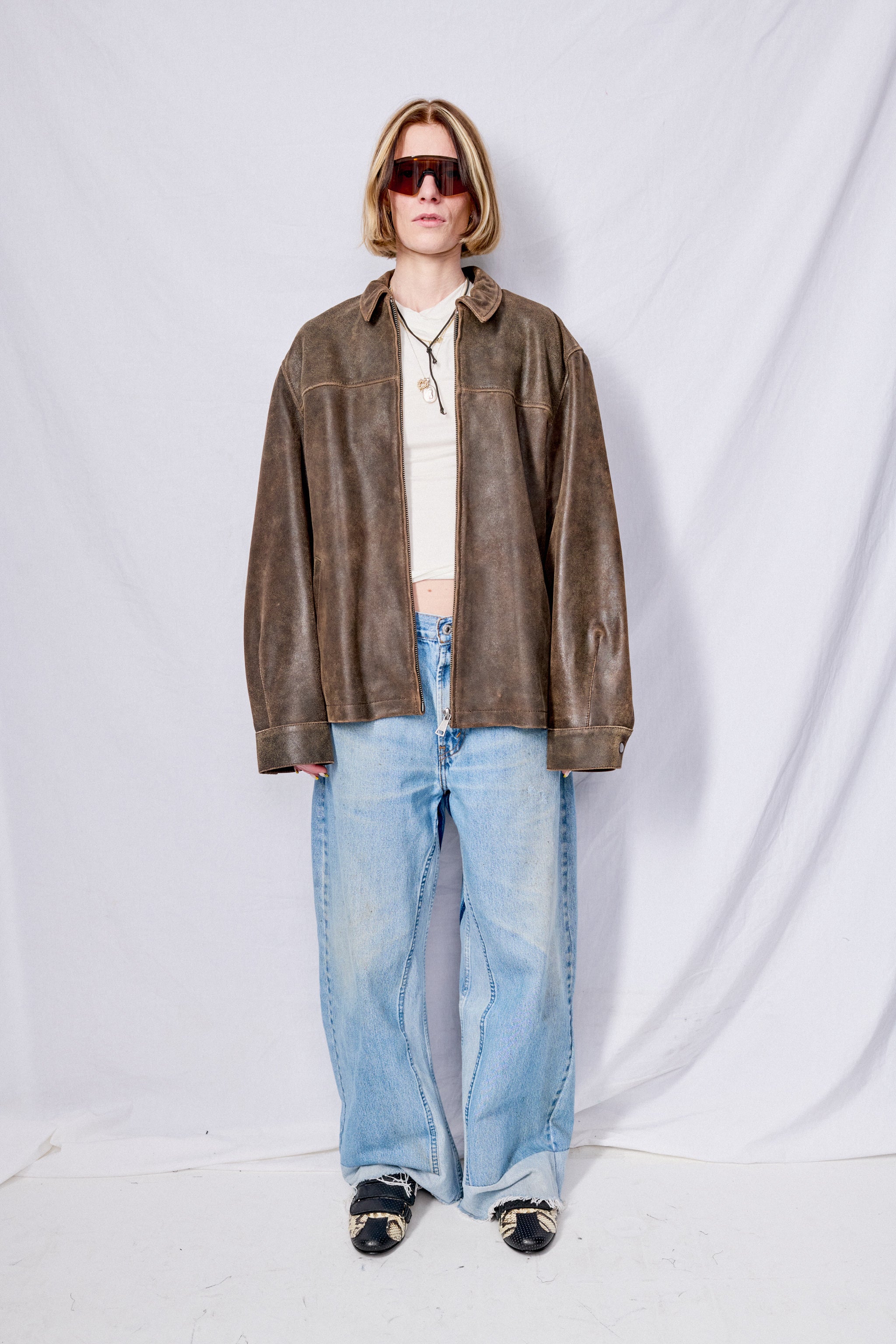 Brown Cracked Leather Zip Jacket - Image 5