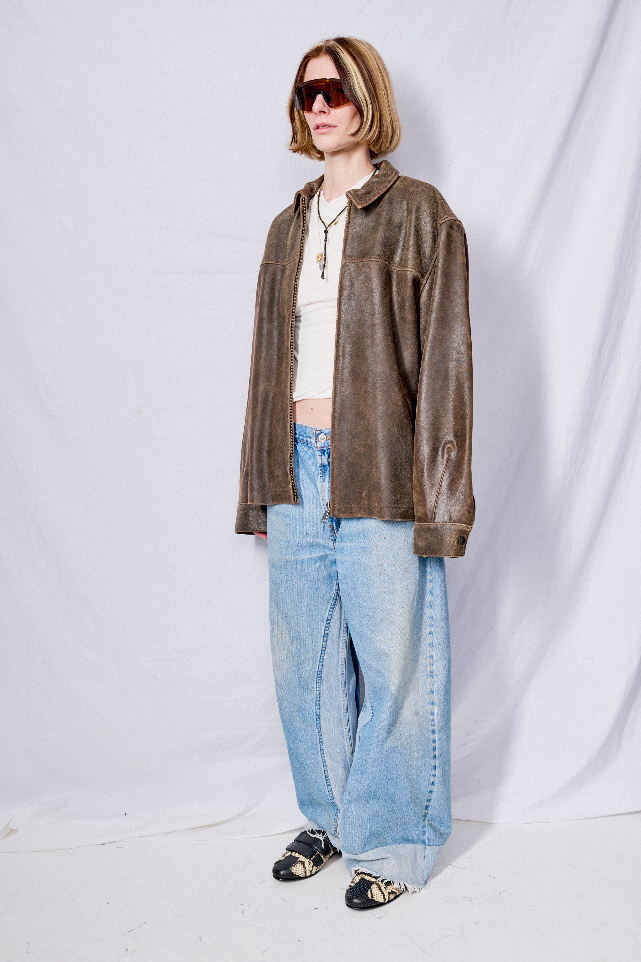 Brown Cracked Leather Zip Jacket - Image 6