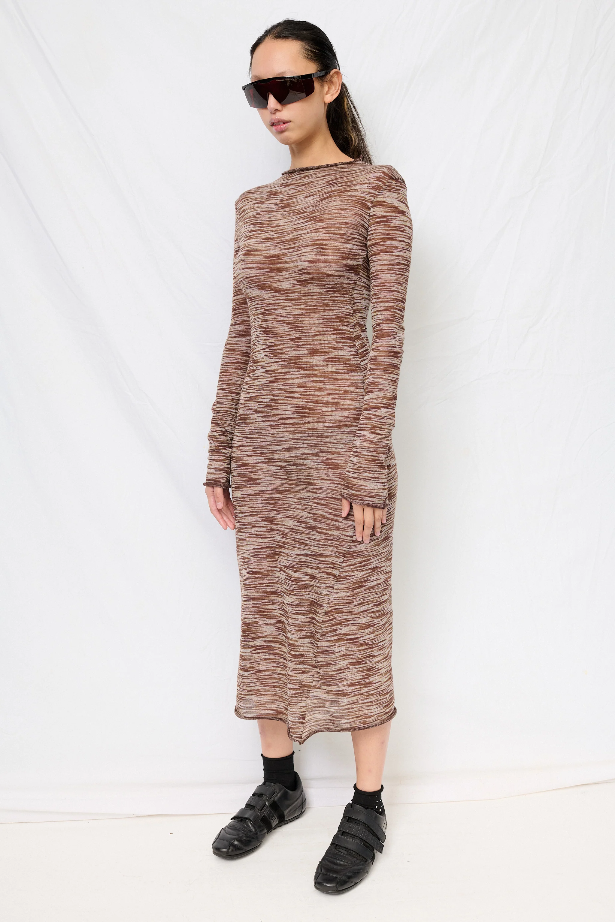 Brown Variegated Knit Long Sleeve Mockneck Dress - Image 4