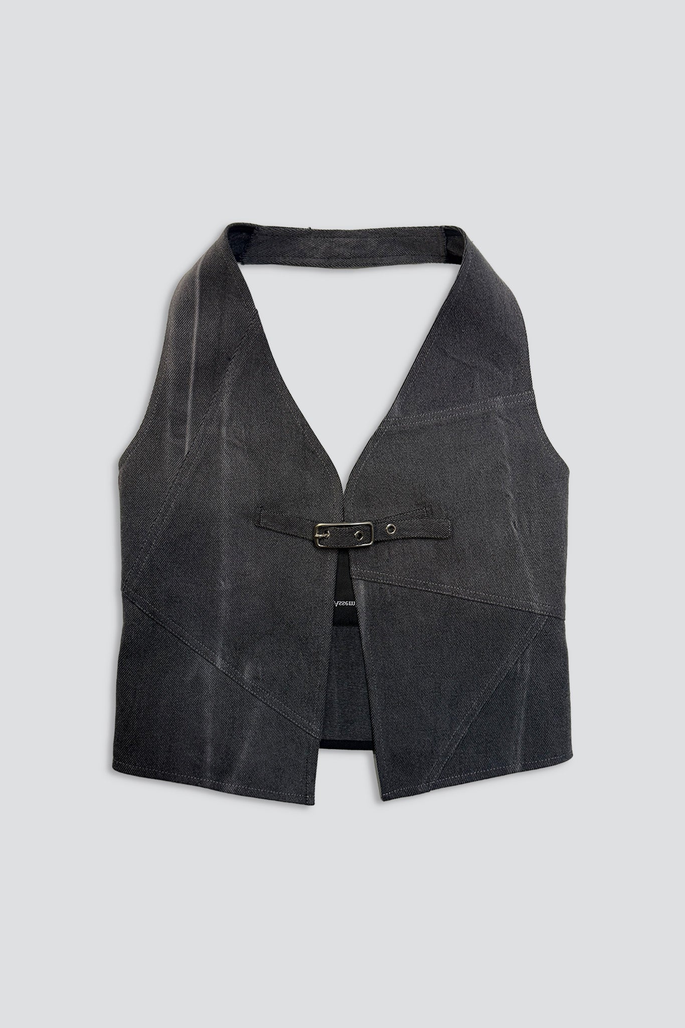 Black Grey Wash Denim Belted Vest