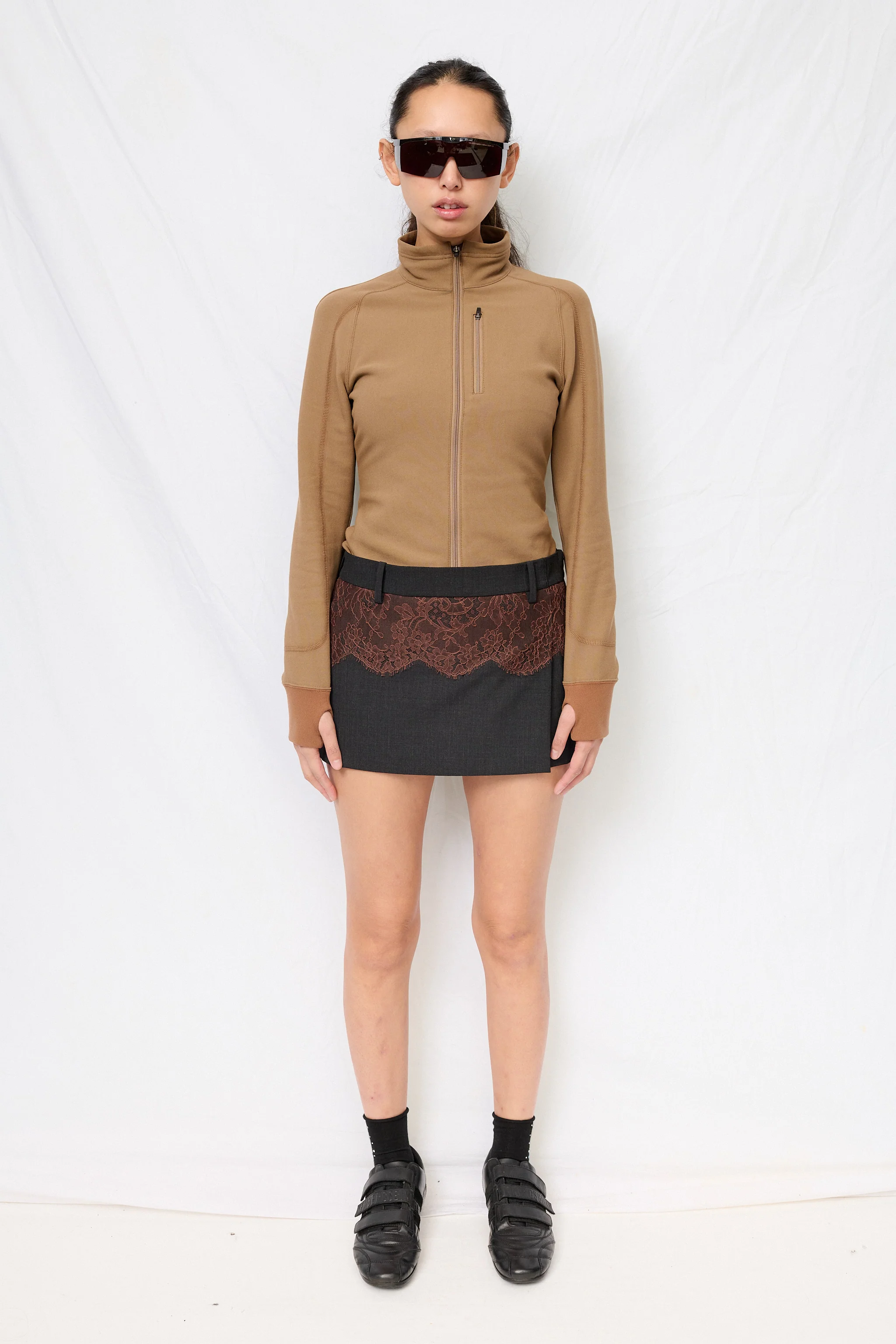 Charcoal/Brown Suiting Lace Waist Mini Skirt - Image 3