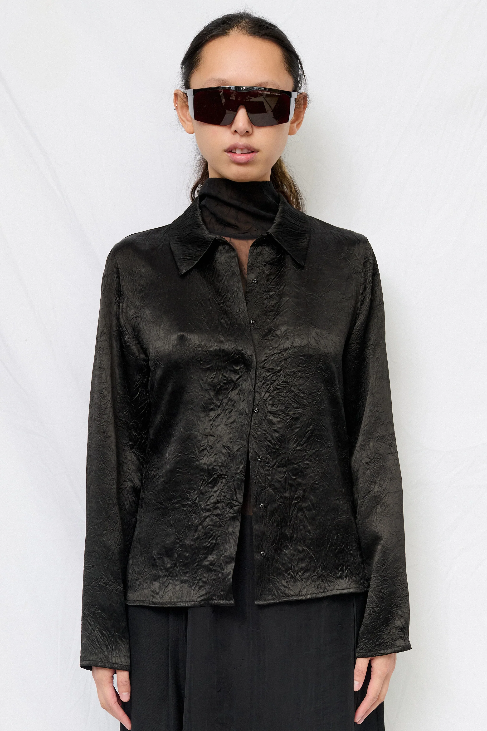 Black Wrinkled Acetate Fitted Button Up