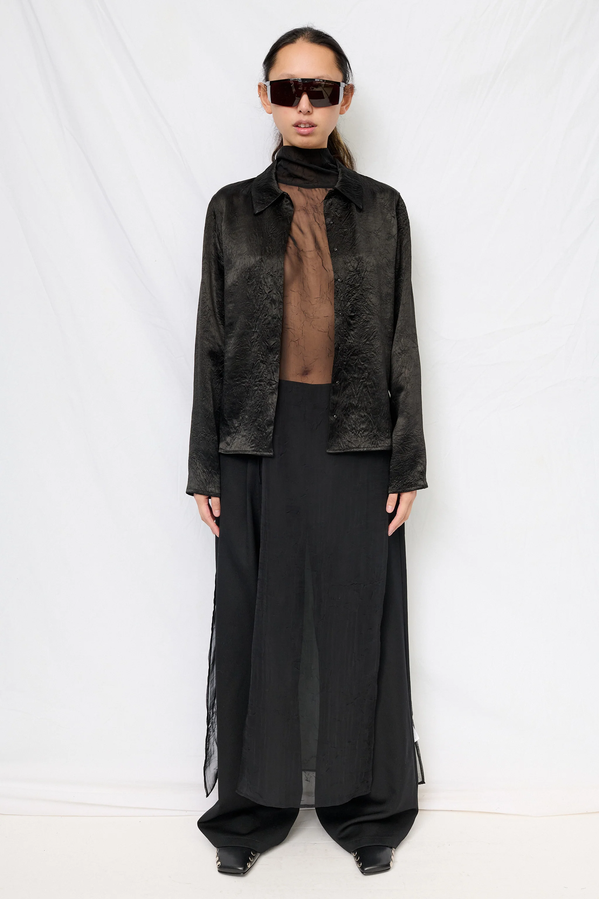 Black Wrinkled Acetate Fitted Button Up - Image 4