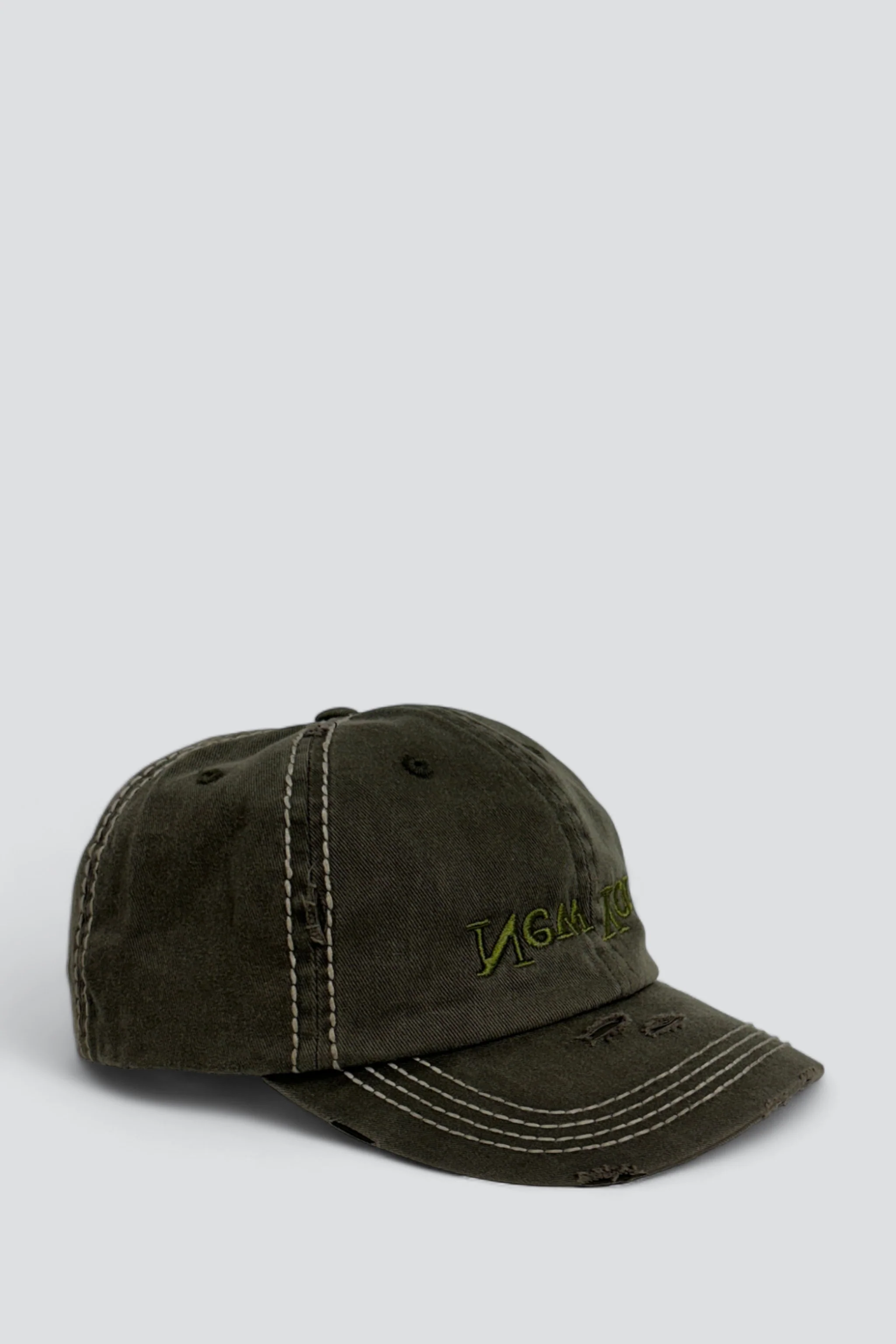 Distressed New York Embroidered Contrast Stitch Hat - Olive - Image 2