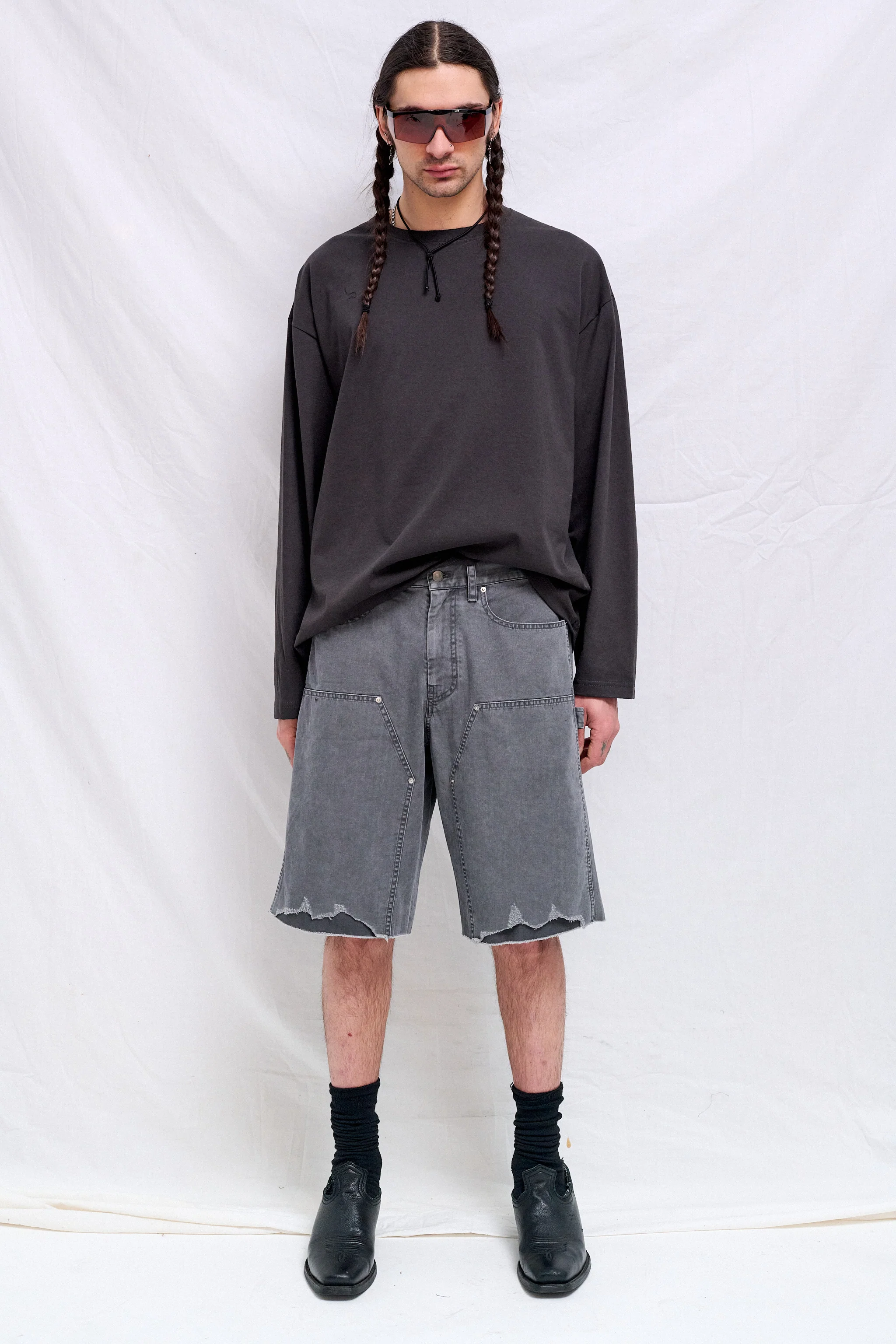 Faded Carbon Hand Distressed HBT Double Knee Shorts - Image 2