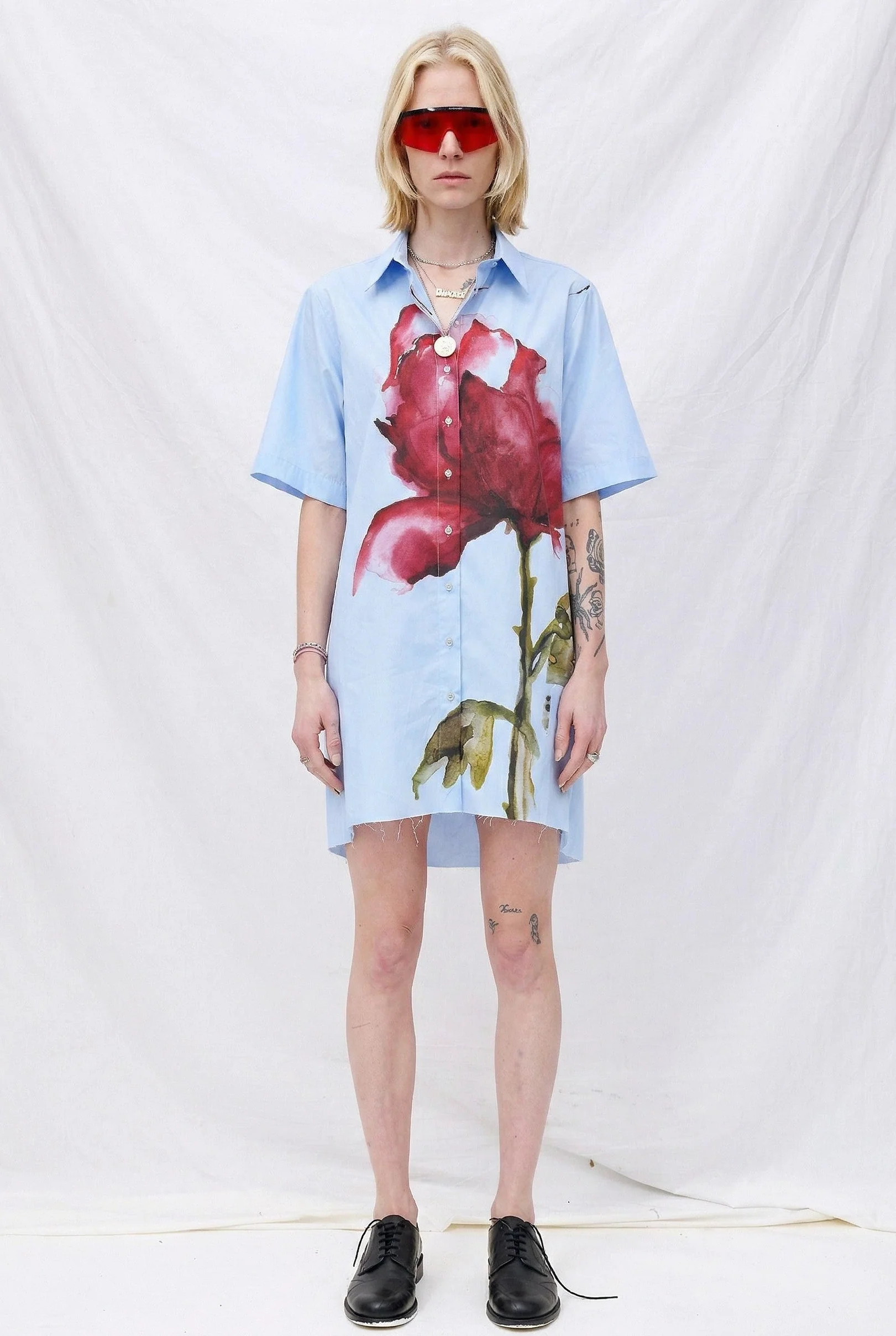 Blue Watercolor Flower Printed Mini Shirt Dress - Image 2