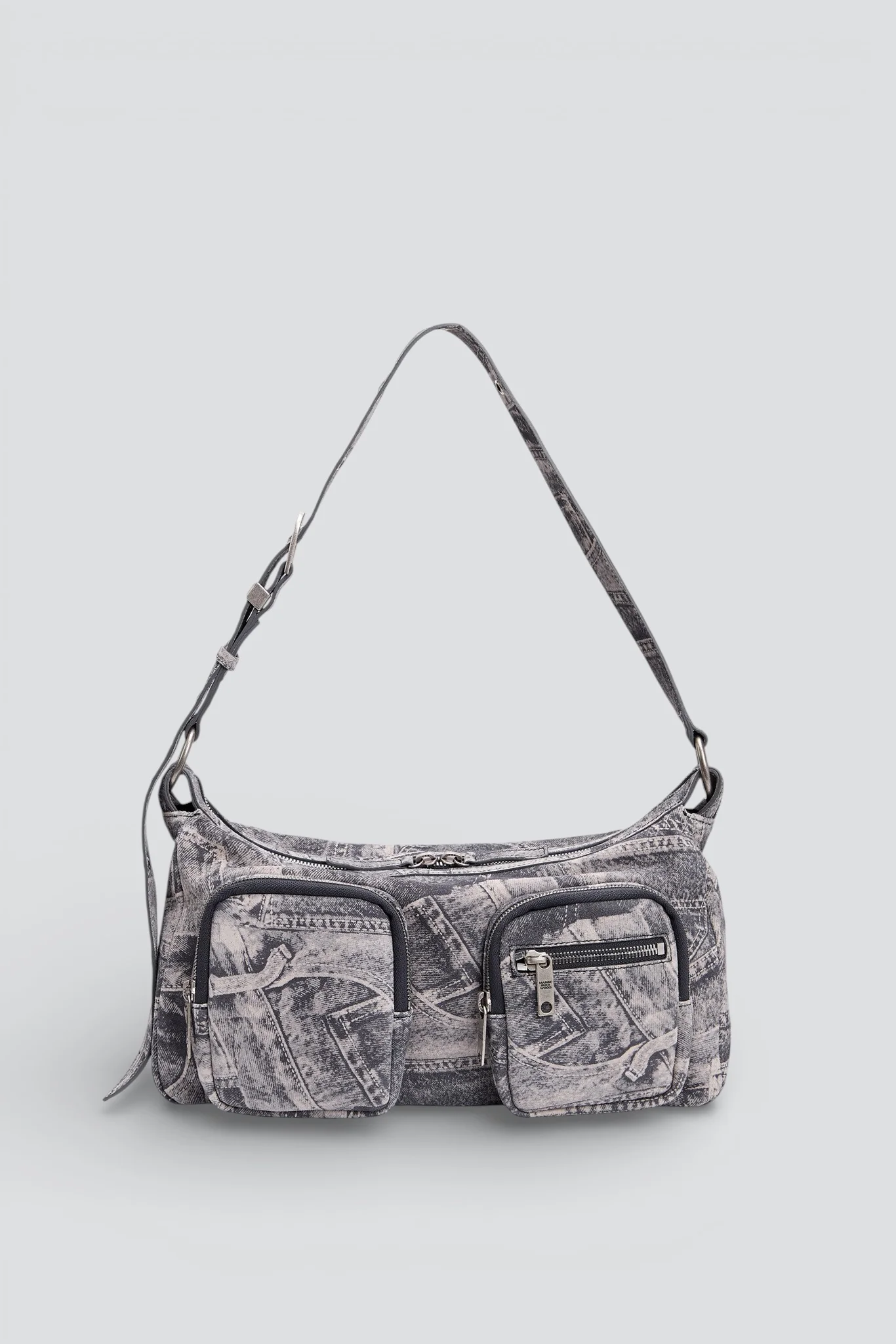 Light Grey Printed Suede Outpocket Hobo