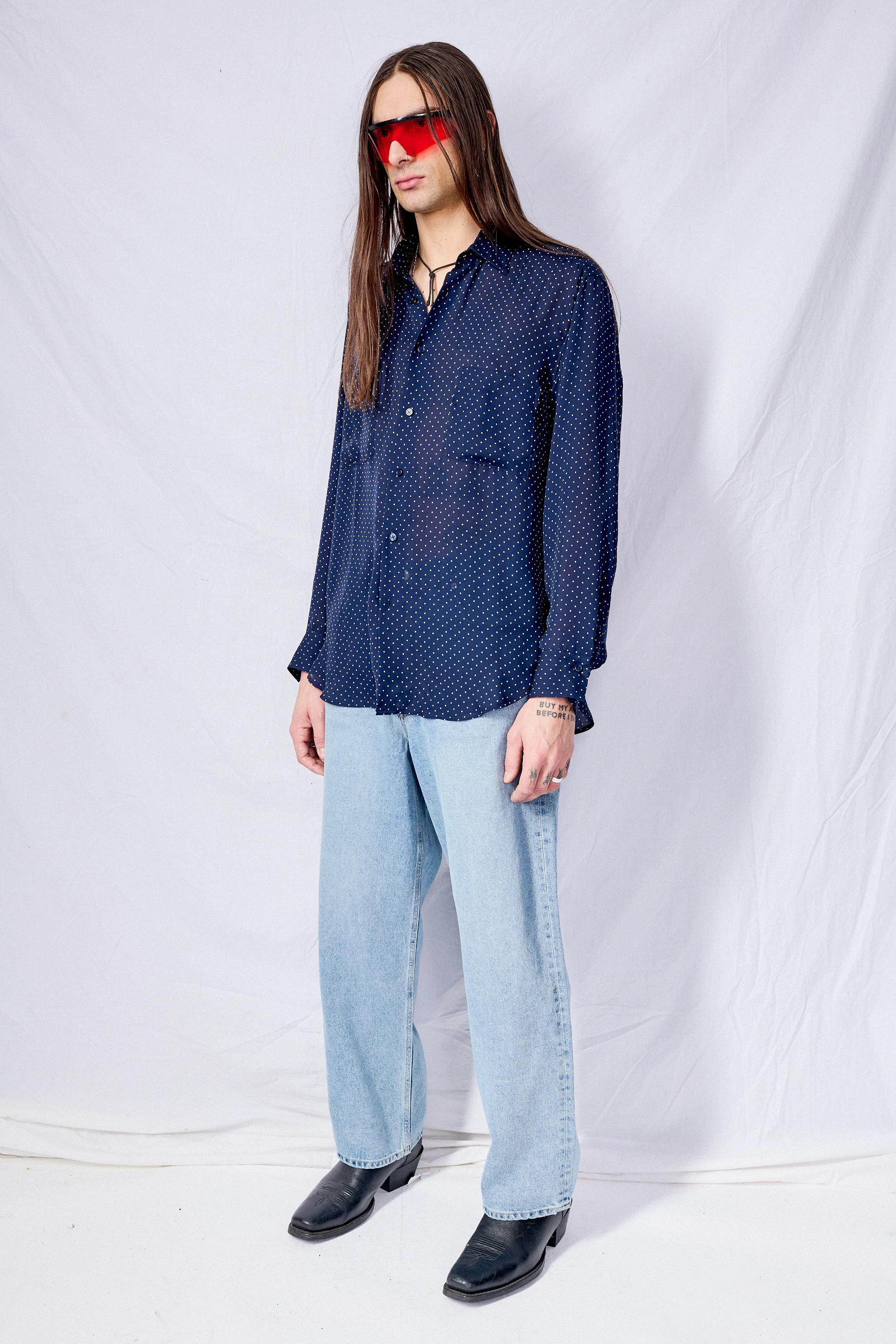 Navy Blue Polka Dot Rayon Dress Shirt - Image 3