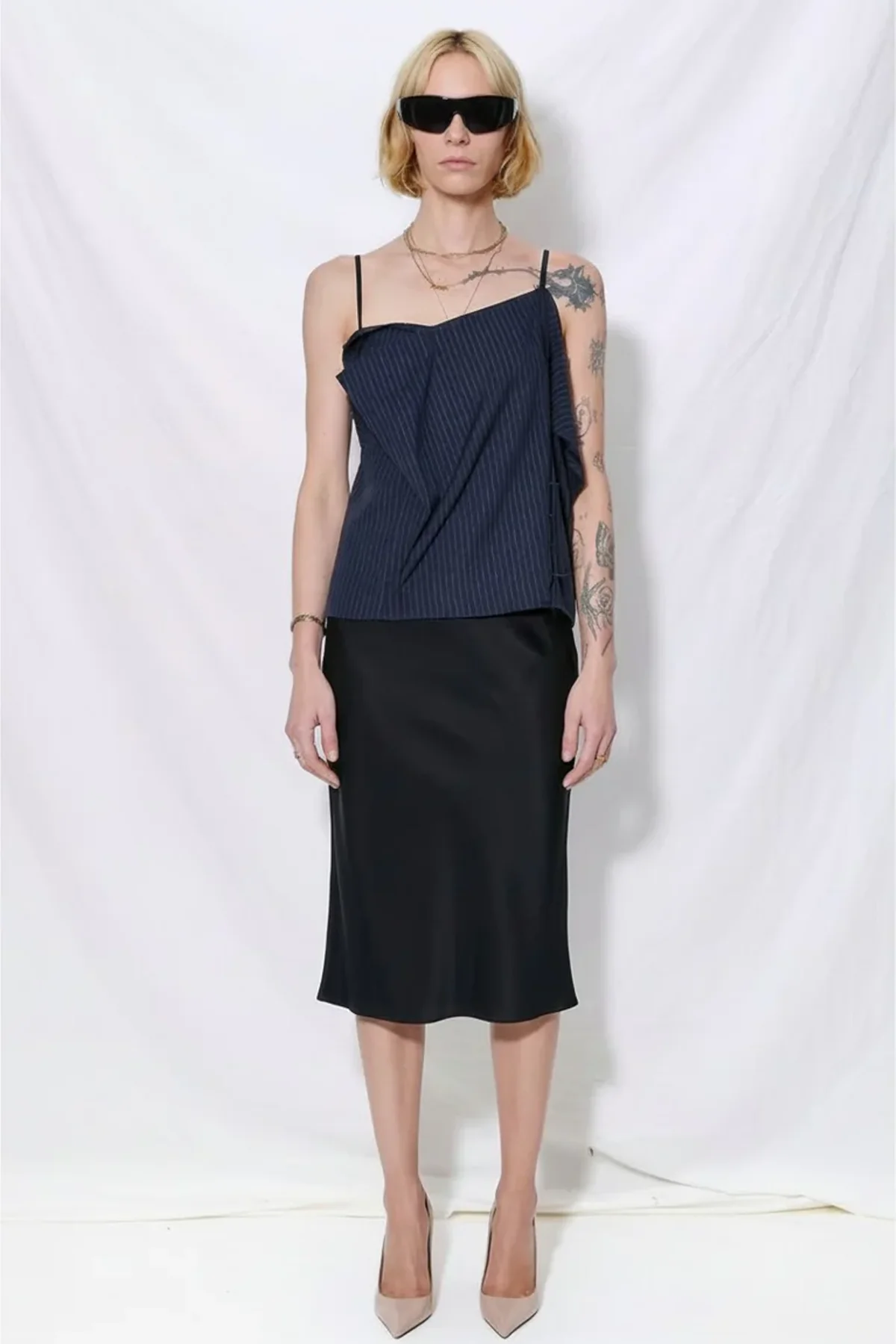 Navy White Stripes Royce Trompe L'oeil Skirt Dress