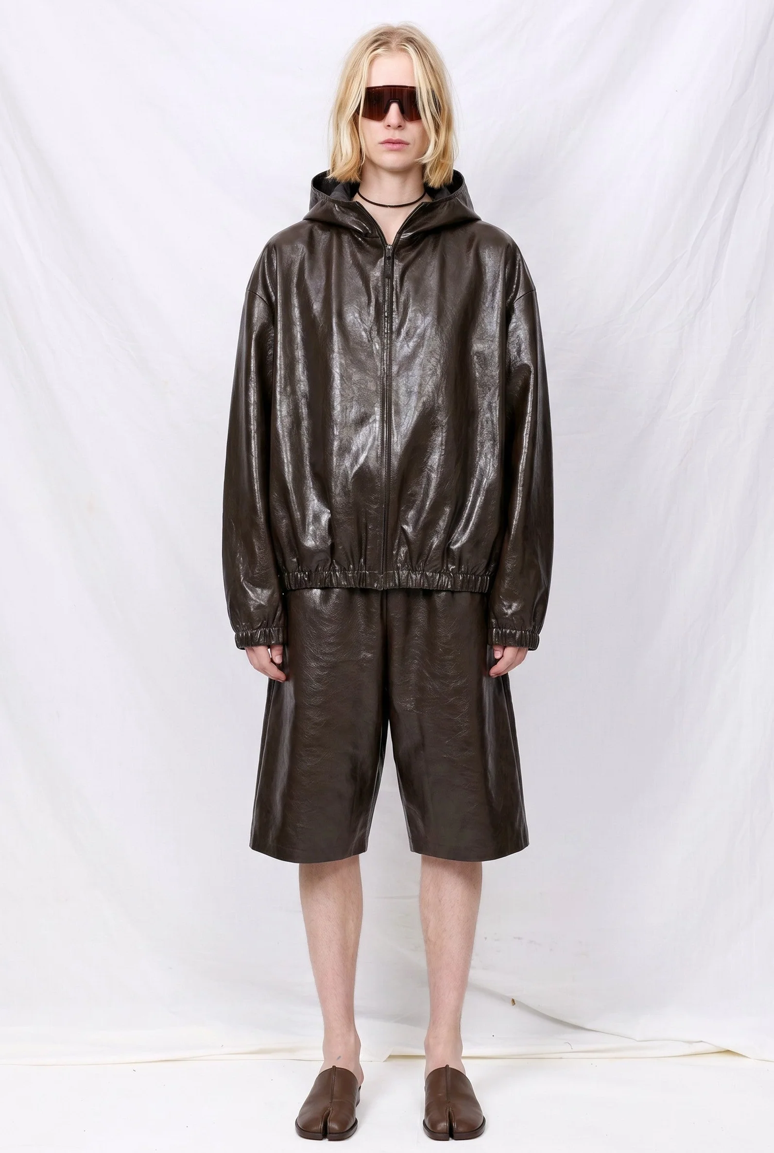 No.216 Dark Brown Leather Hooded Zipper Jacket