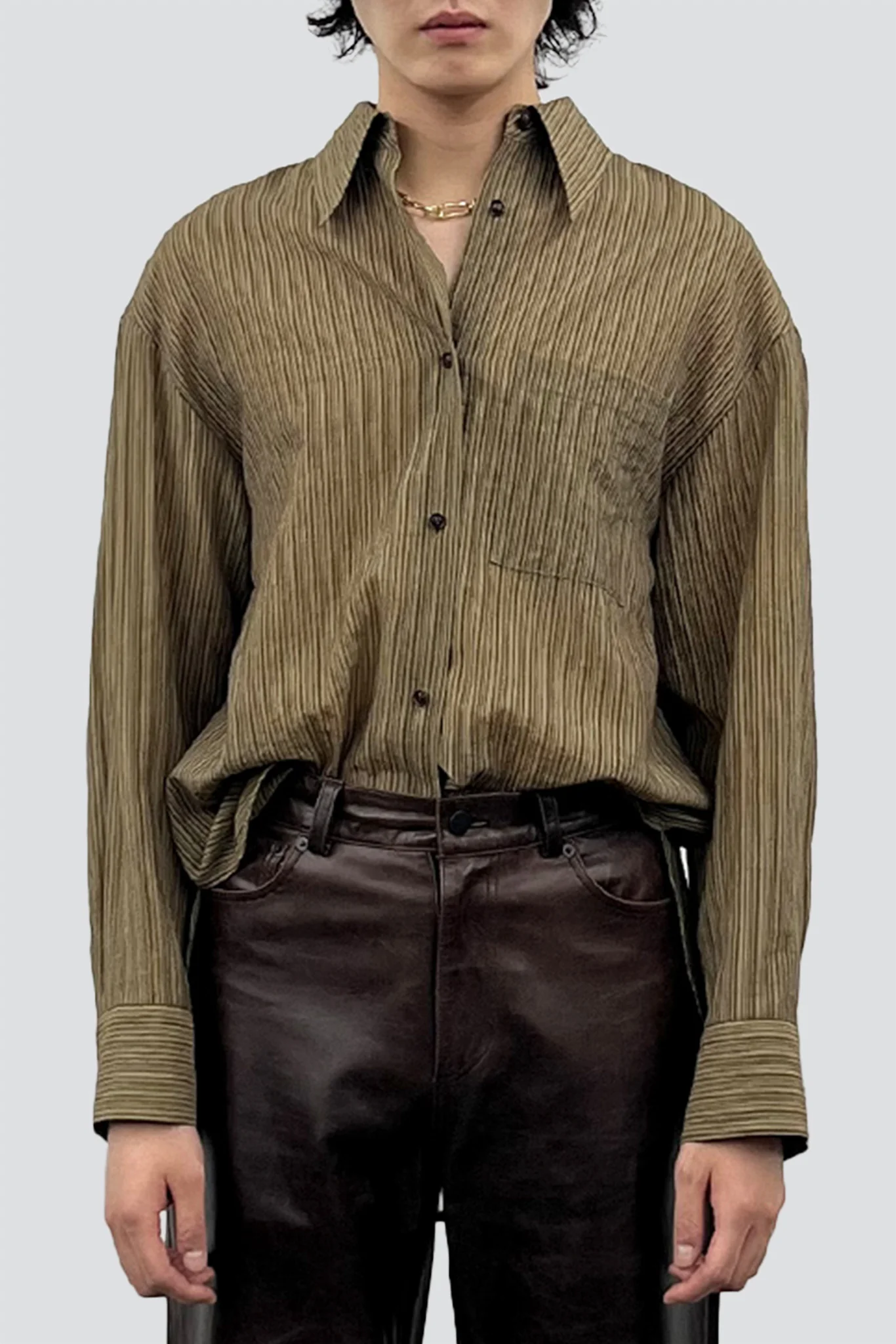 Olive Stripe Lyocell Oversized Shirt - Image 3