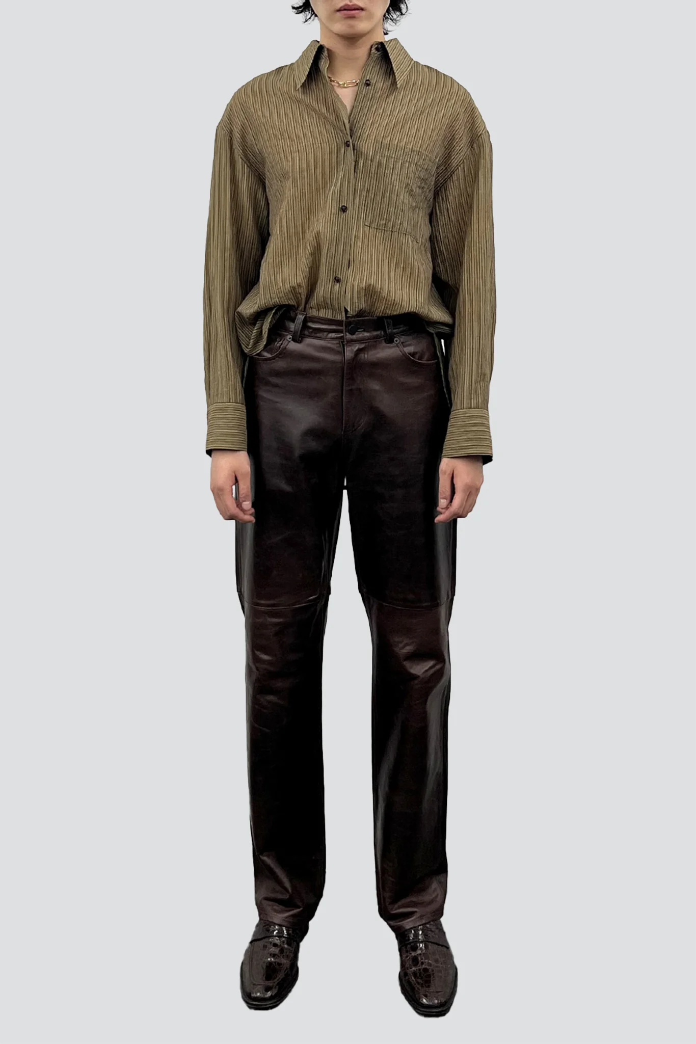 Olive Stripe Lyocell Oversized Shirt - Image 4